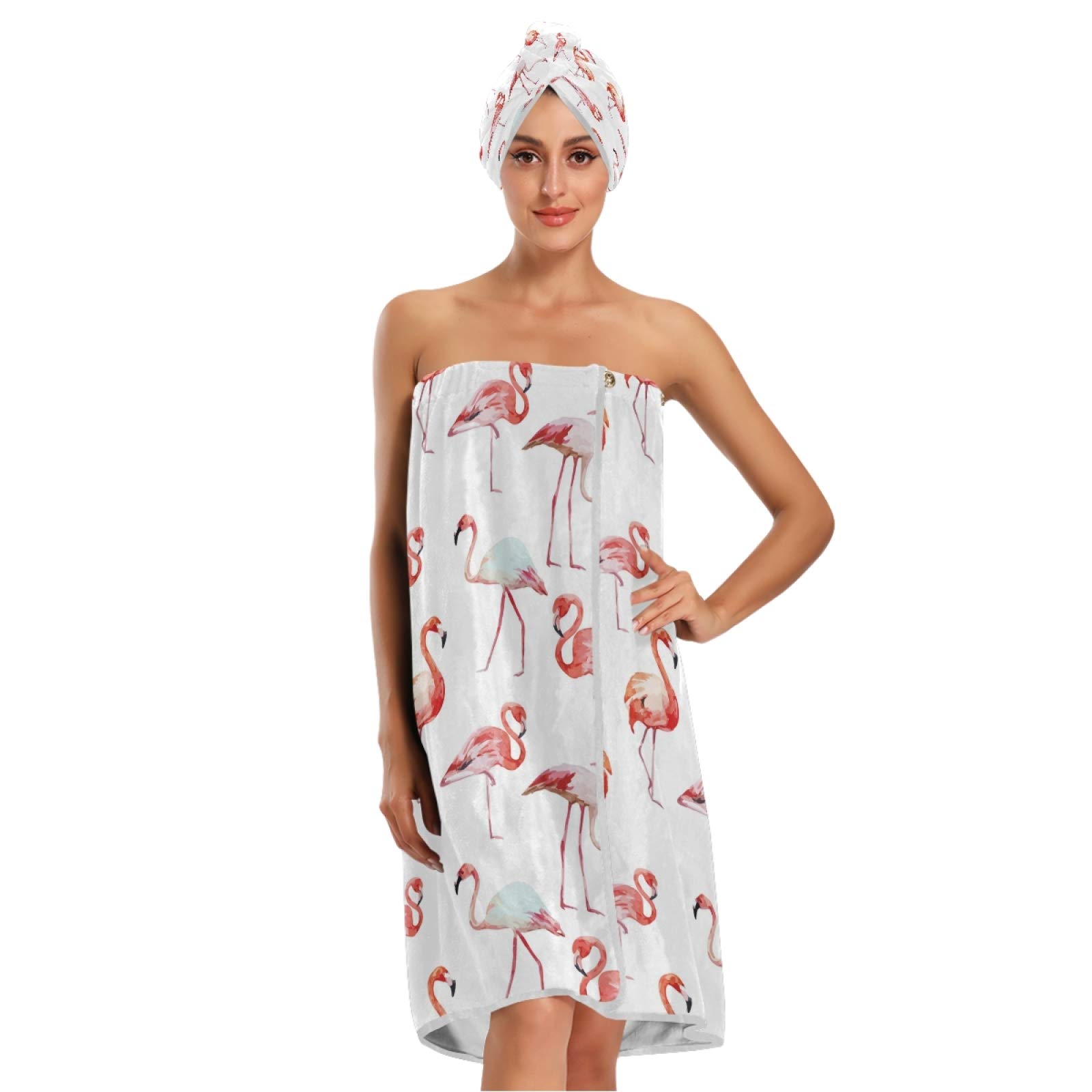 Qilmy Flamingo Microfiber 3-Piece Bath Set - Women's Wrap Towel, Shower Cap & Fast-Drying Bathrobe for Beach, Spa & Gym | Soft & Absorbent Towels for Swimming, Yoga & Travel