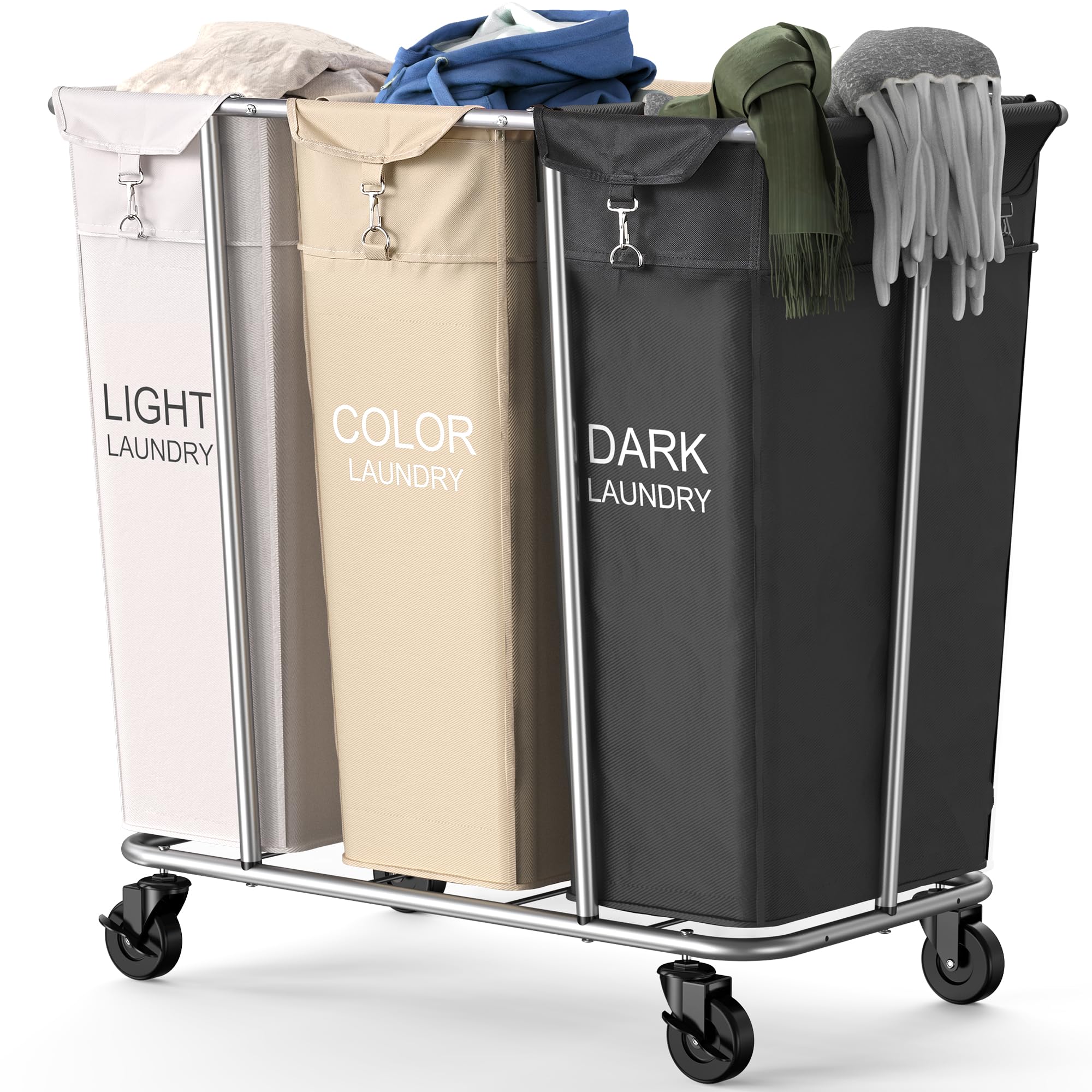PLKOW 3-Section Laundry Sorter with Wheels - 220L Large Capacity Rolling Laundry Cart with Steel Frame & Removable Bags (6 Bushel) - Perfect for Home, Laundry Room, Hotel & Dorm Organization