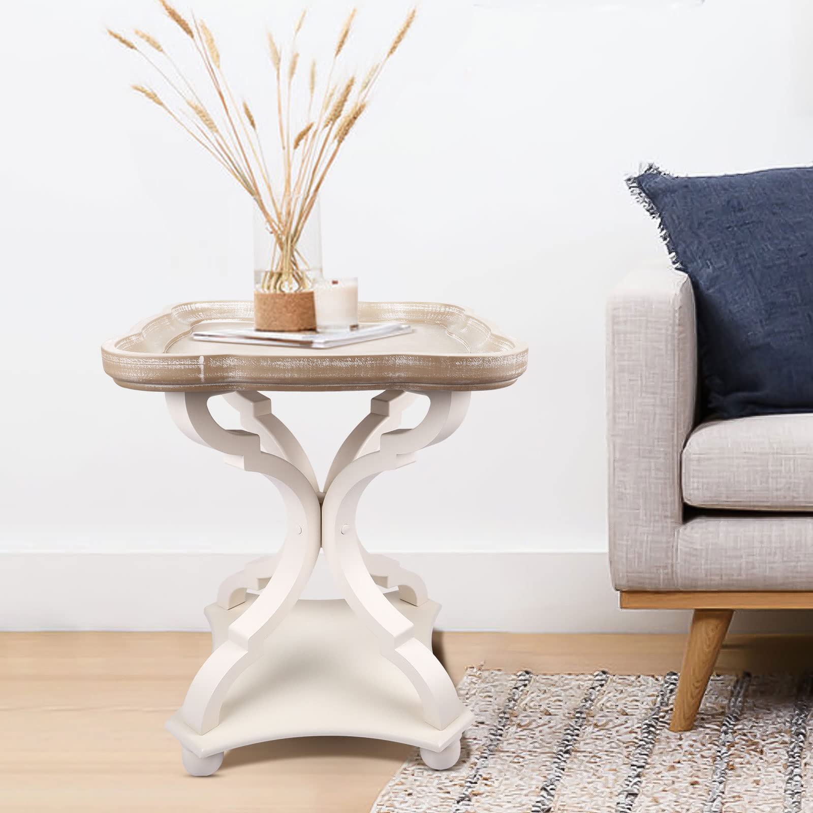 Rustic Farmhouse End Table - French Country Pedestal Accent Table with Natural Square Tray Top & White Wood Legs - Sofa Coffee Side Table Nightstand for Bedroom, Living Room, Dining Room - Perfect for Farmhouse Decor, Coffee Table Display & Bedside Storage (25