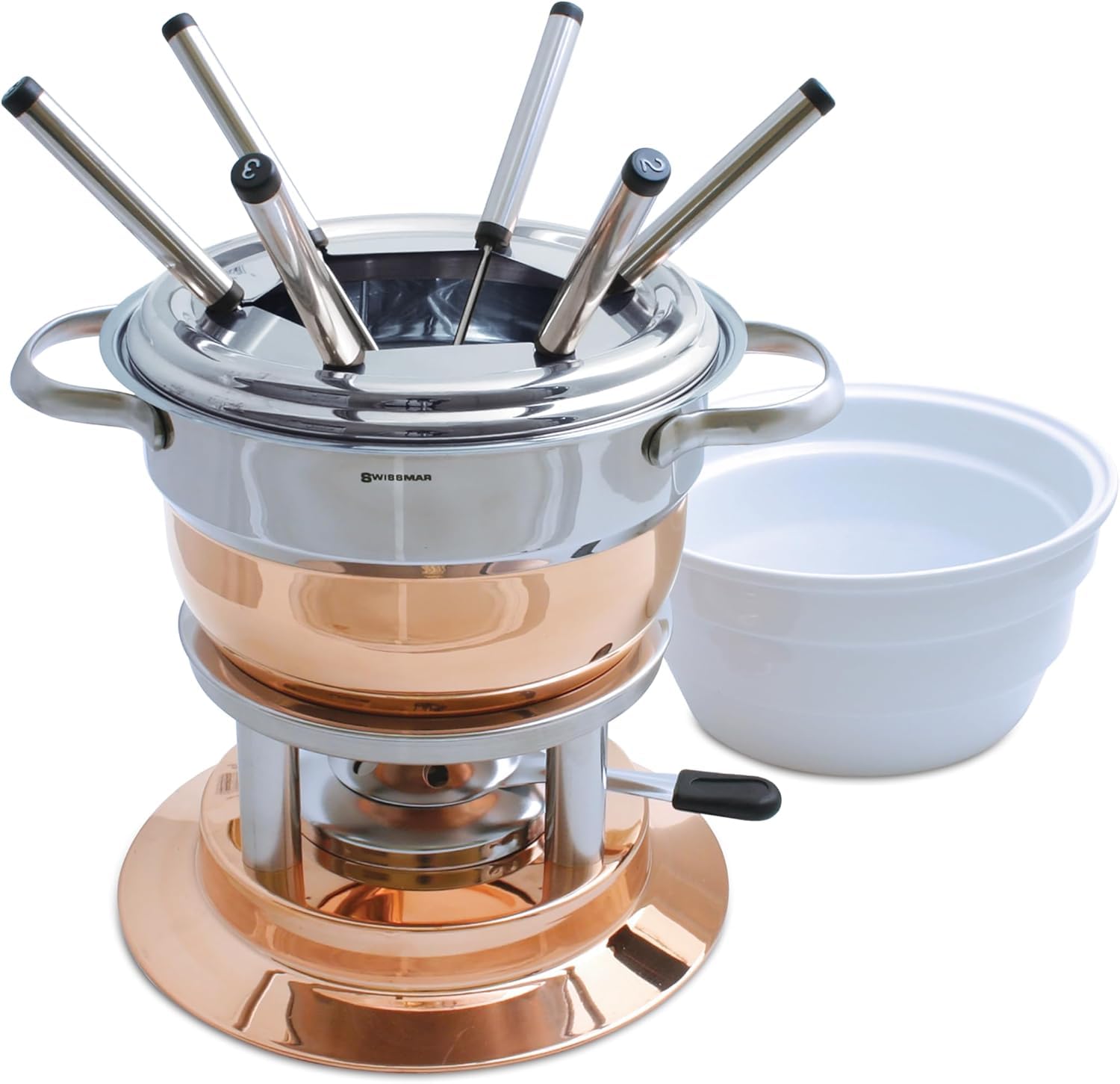 Swissmar Lausanne 11-Piece Copper Plated Fondue Set for Cheese, Chocolate, Oil & Broth Cooking - 1.8L/1.9Qt Premium Kitchen Gift Set - Perfect for Dinner Parties, Romantic Dates & Wedding Gifts