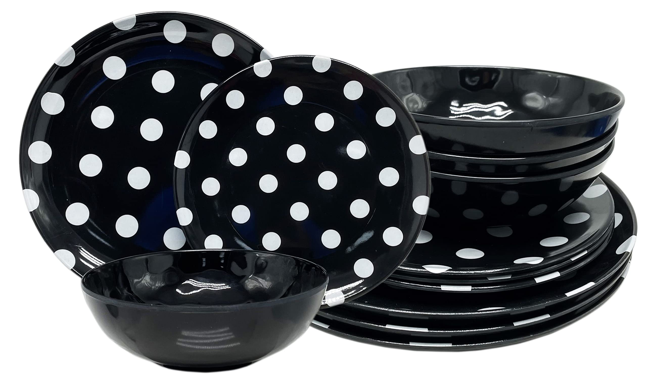 12-Piece 11-Inch Melamine Dinner Set - Black Polka Dot Design: 4 Bowls, 4 Dinner Plates, 4 Salad Plates | Durable & Lightweight for Outdoor Picnics, Camping, Pool Parties & Everyday Use