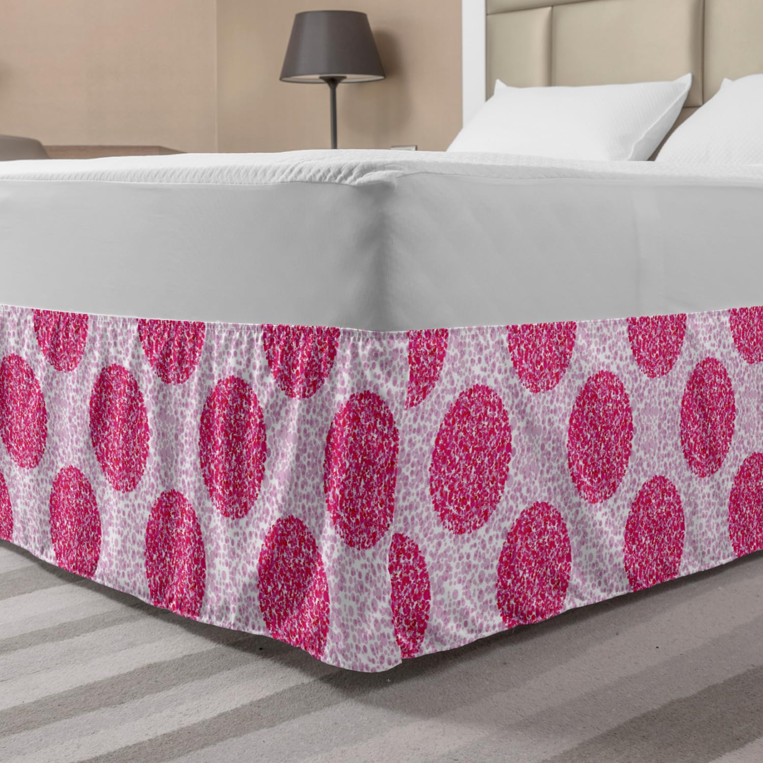 Ambesonne Abstract Elastic Bed Skirt - Large & Small Polka Dot Round Bubble Design, Wrap Around Fabric Dust Ruffle for Queen Size Bed, Pink Fuchsia - Perfect for Modern Bedroom Decor & Guest Room Styling