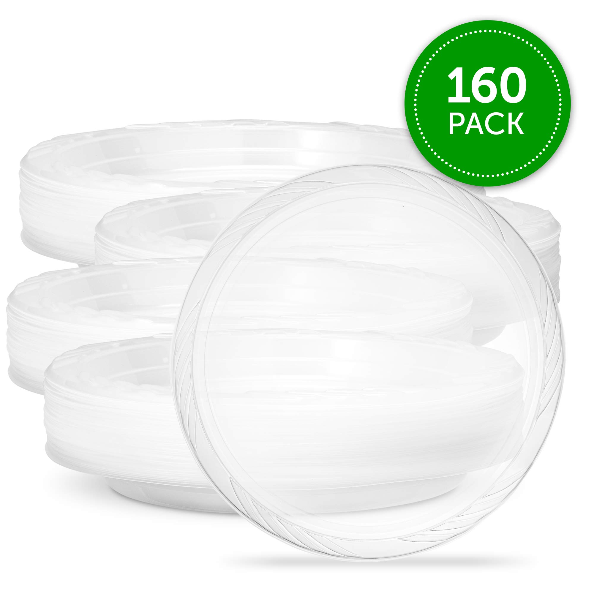 PLASTICPRO 9 Inch Clear Disposable Plastic Plates - 160 Pack Premium Dinnerware for Parties, Picnics, BBQs & Events - Shatterproof & Elegant Tableware for Weddings, Birthdays & Catering