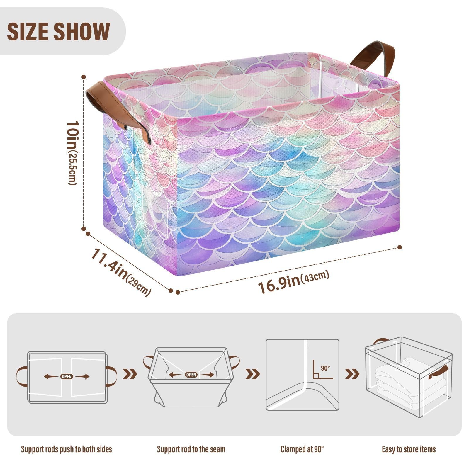Rainbow Mermaid Foldable Storage Baskets for Shelves - 2 Pack Collapsible Sturdy Storage Bins with Handles, Closet Organizer Cubes for Bedroom, Bathroom & Kids Room Organization
