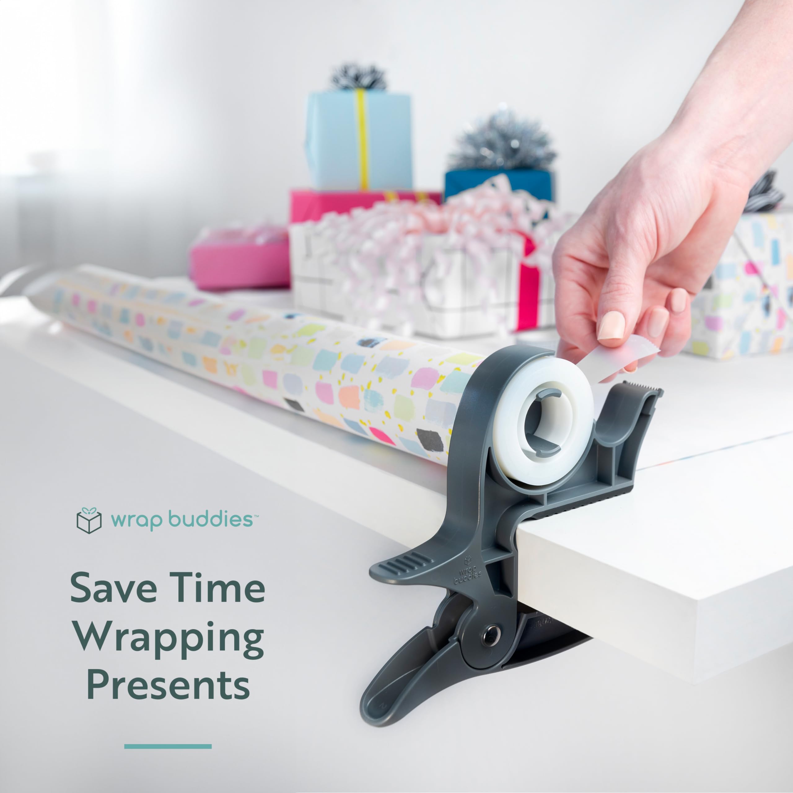 Wrap Buddies Tabletop Gift Wrapping Tool Set - 2 Clamps with Built-in Tape Dispenser for Easy Holiday Gift Wrapping (Slate Grey) - Perfect for Christmas, Birthday Presents & DIY Craft Projects