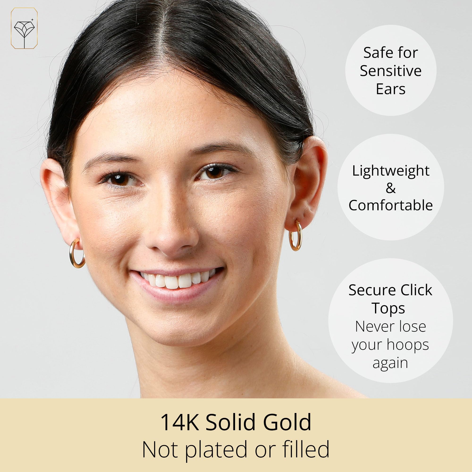 14K Solid Gold Hoop Earrings for Women - Yellow or White Gold Click-Top Hoops (0.75