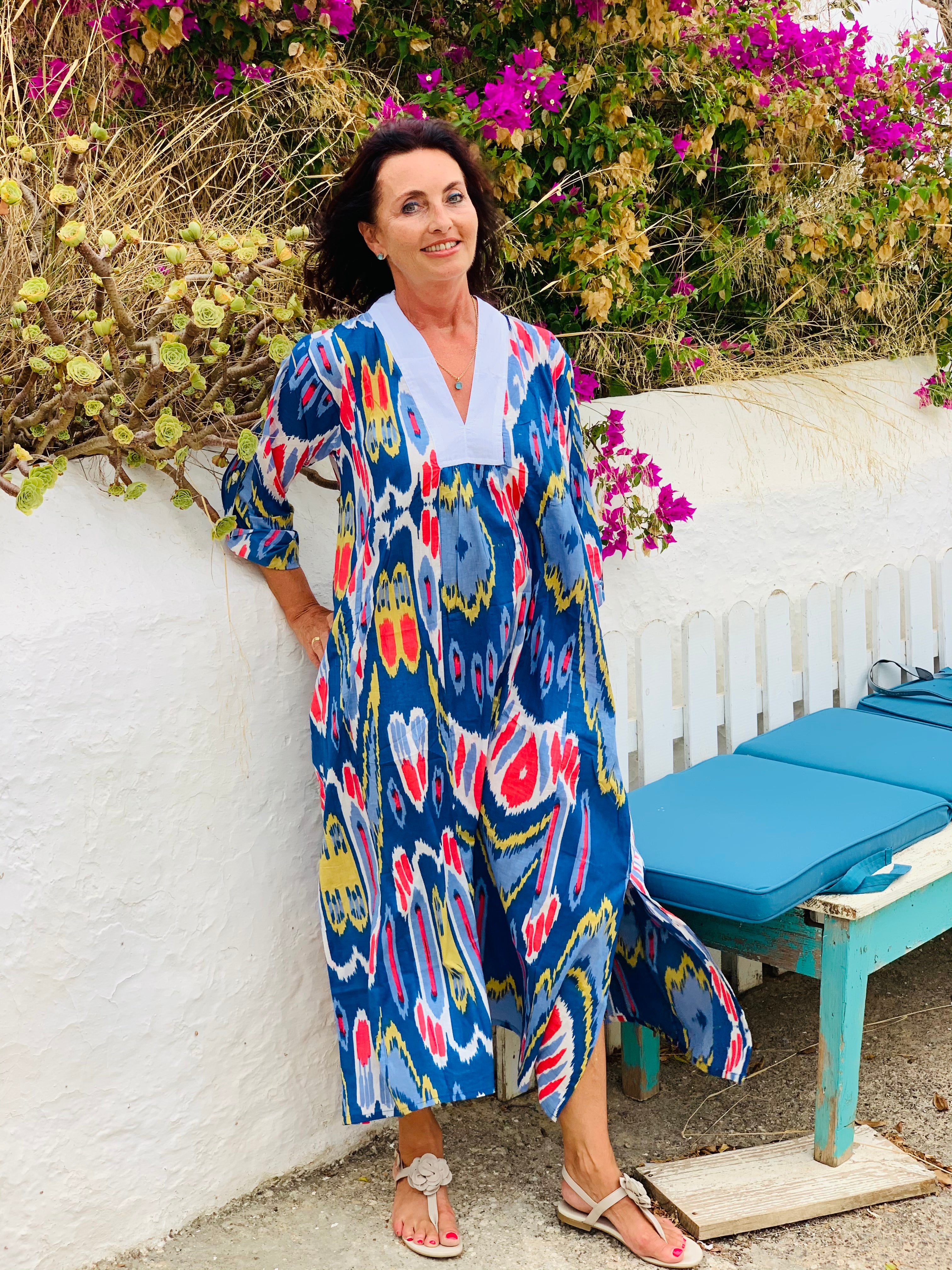 Bohemian Ikat Blue and White Abstract Print Long Tunic - Stylish Loose Fit Boho Chic Top for Women, Perfect for Beach, Festivals & Casual Wear