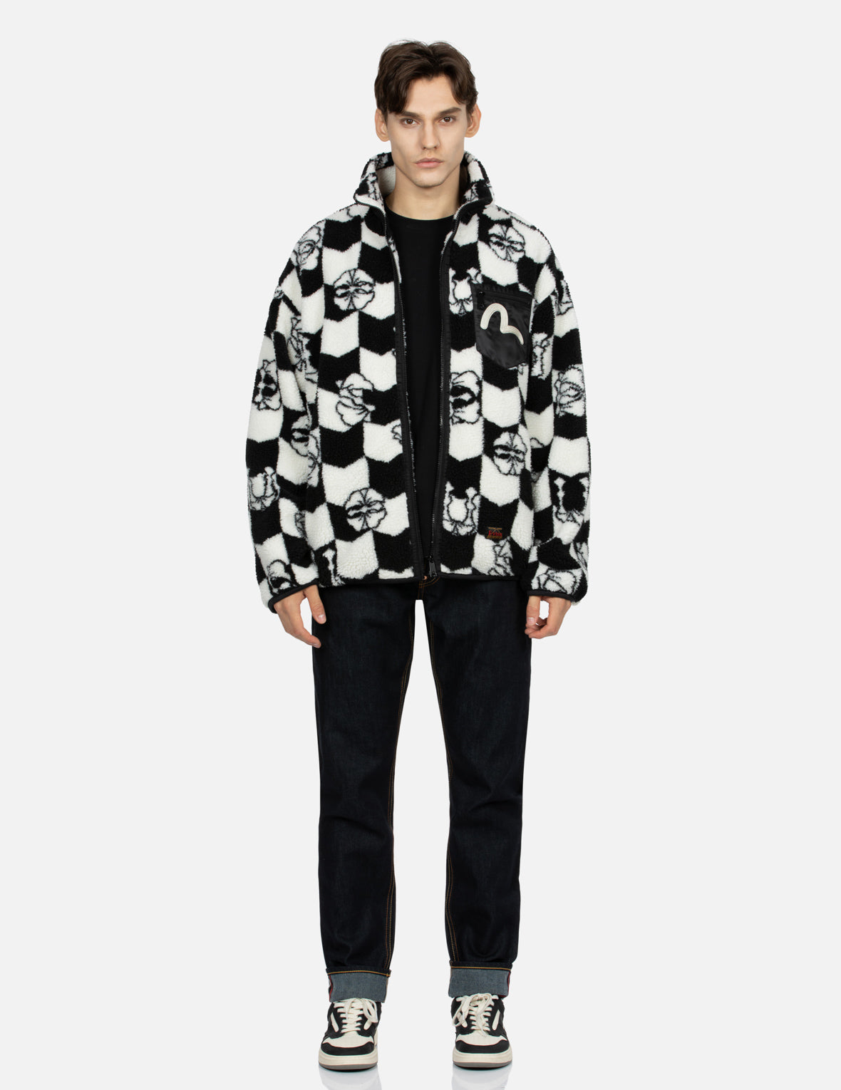 Monogram Jacquard Relax Fit Zipped Sherpa Jacket for Men - Cozy Fleece Lined Winter Coat with Front Pockets - Perfect for Outdoor Activities, Casual Wear & Cold Weather Fashion