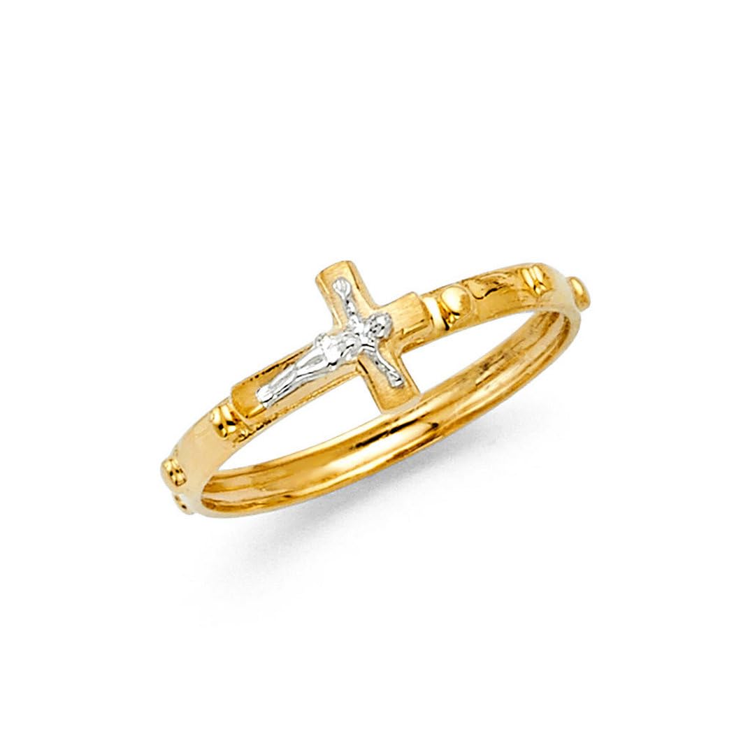 14K Yellow Gold Sideways Crucifix Rosary Eternity Ring for Women | Religious Jewelry | Perfect for Church, Weddings & Special Occasions