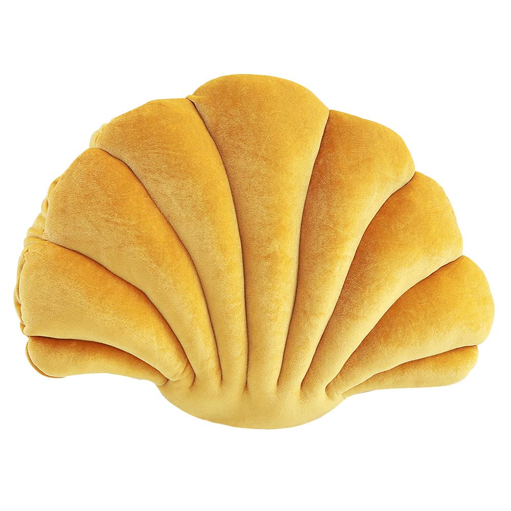 Velvet Seashell Throw Pillow - Yellow Small Decorative Shell Shaped Cushion for Sofa, Bed & Home Decor (12.8x10 inches) | Perfect for Coastal Living Rooms, Beach House Bedrooms & Boho Chic Office Spaces