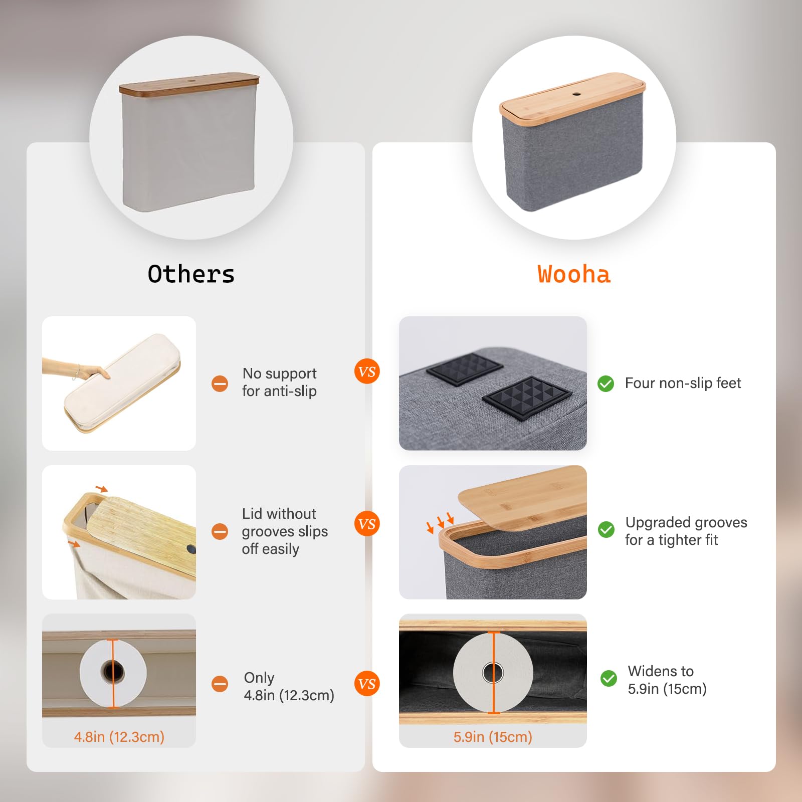 Wooha Bamboo Toilet Paper Storage Organizer - Collapsible Bathroom Tissue Holder Basket for Bathroom & Vanity | Space-Saving Toilet Paper Dispenser | Perfect for Small Bathrooms, RVs & Apartment Living (Gray)