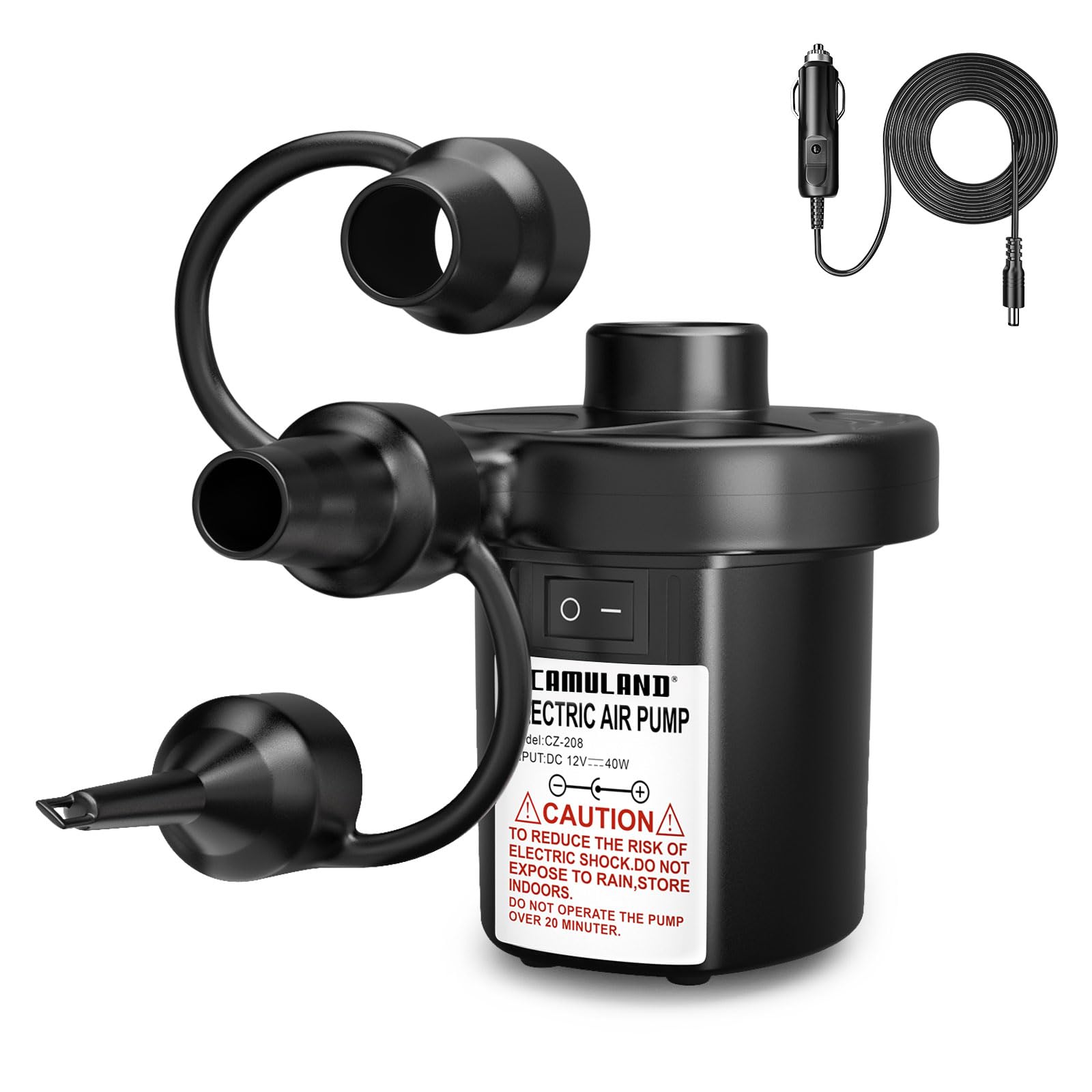 CAMULAND Portable Air Pump with 3 Nozzles - 12V Quick-Fill Electric Inflator for Air Mattress, Inflatable Pool Toys, Swimming Rings & More - ETL Certified Car Adapter - Perfect for Camping, Travel & Home Use