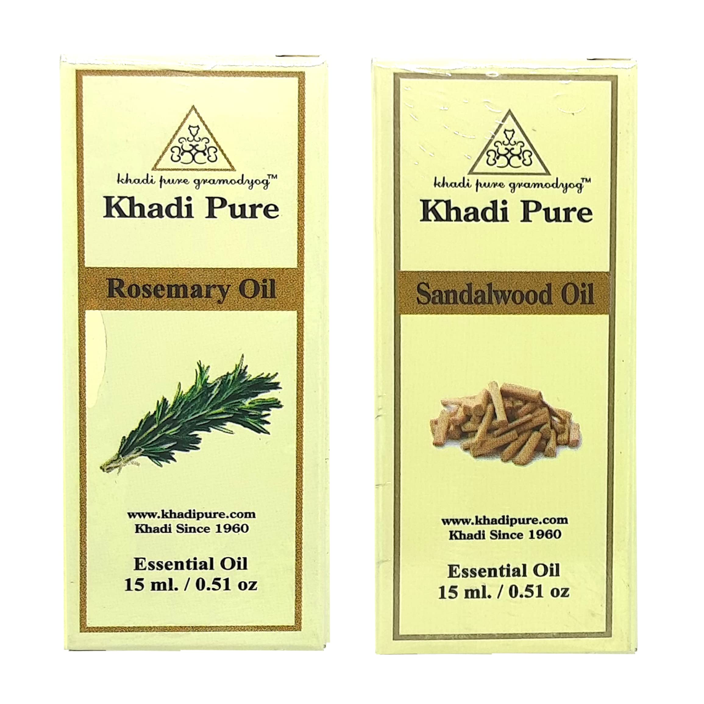 Khadi Pure Rosemary & Sandalwood Essential Oil - 15ml (Pack of 2) - Natural Aromatherapy Oil for Relaxation, Hair Growth & Skin Care | Perfect for Diffusers, Massage & DIY Beauty Products