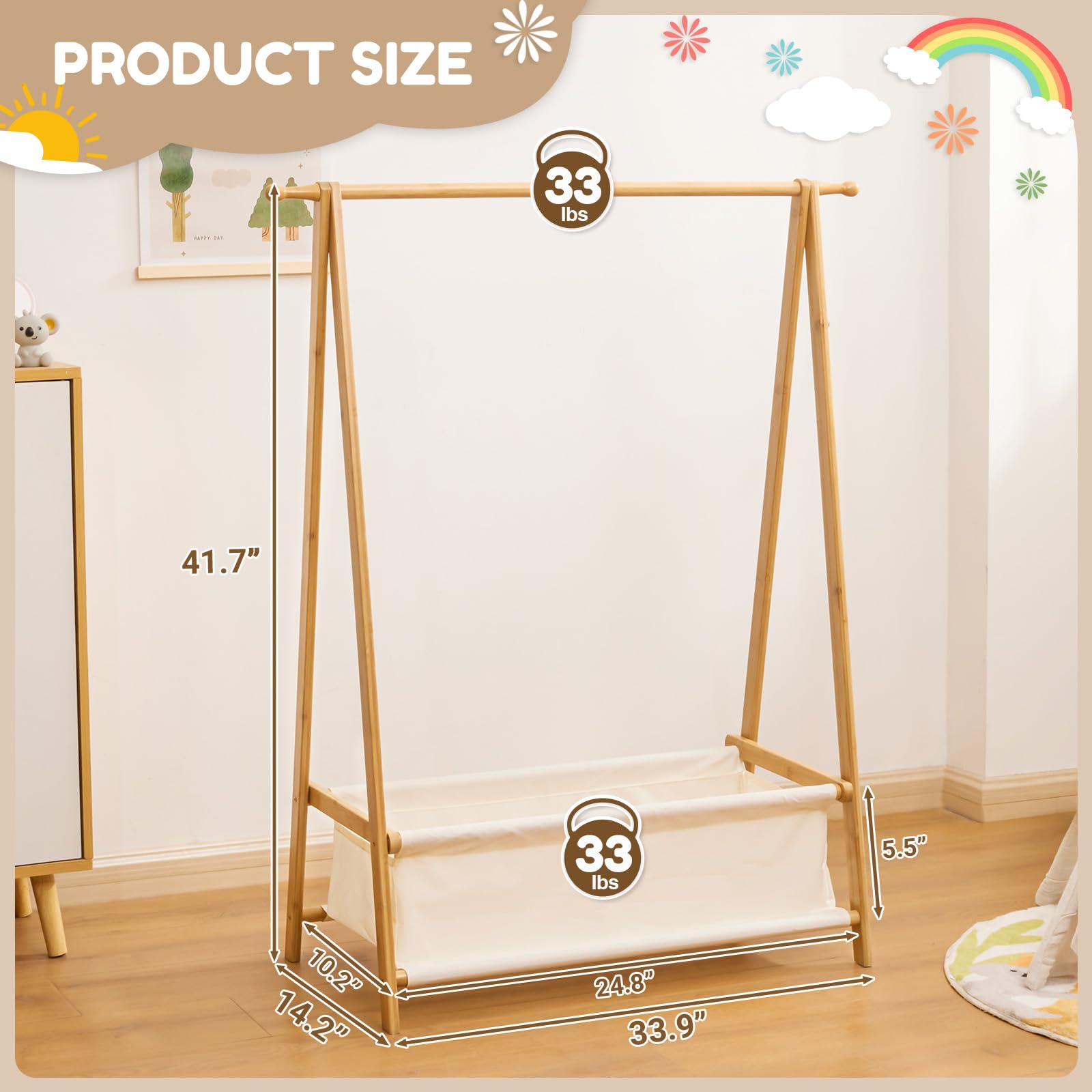 Kids Clothing Rack with Storage Box - Foldable Bamboo Garment Stand with Hanging Rods for Children's Wardrobe | Perfect for Bedroom, Nursery & Playroom Organization