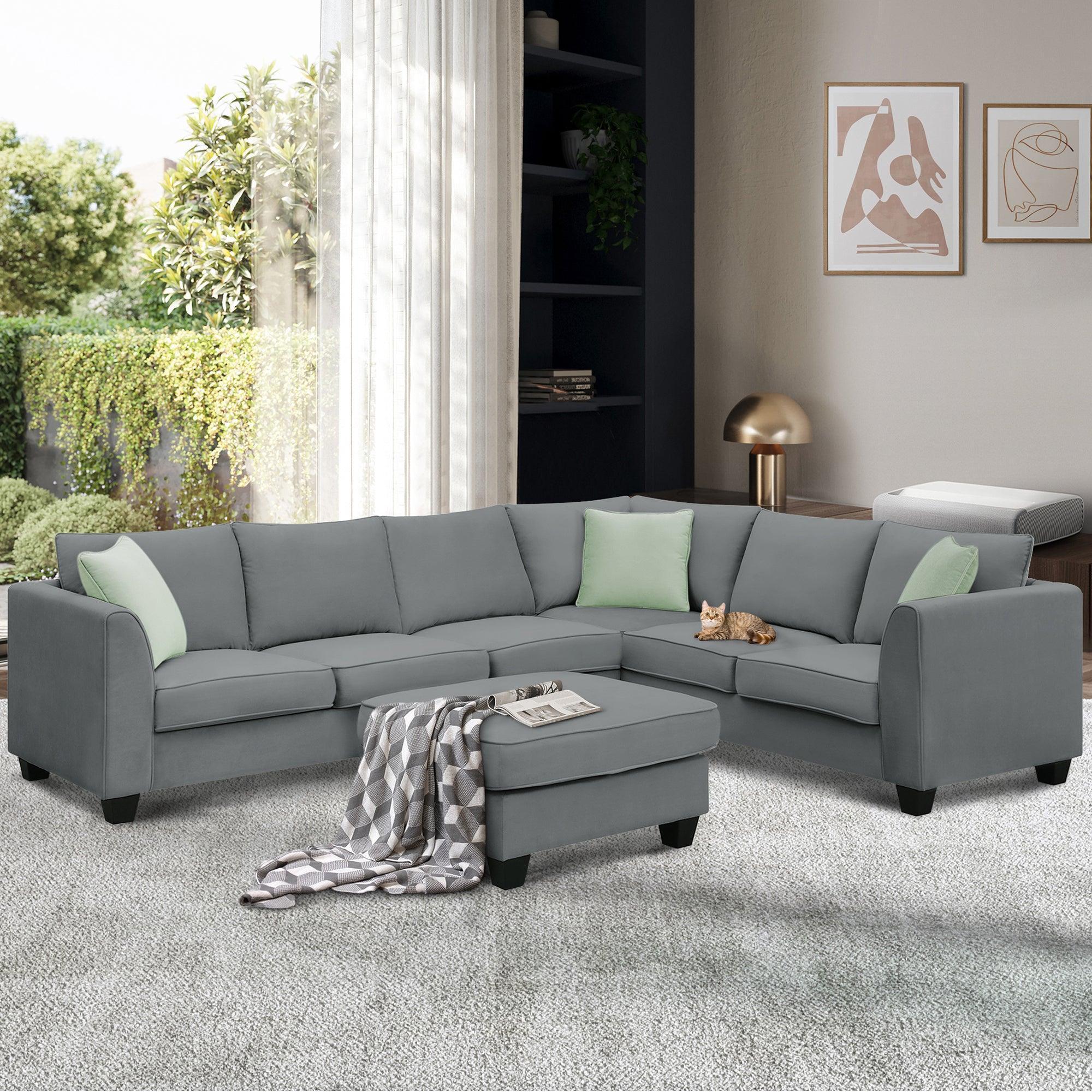7-Seater Modular L-Shaped Sectional Sofa Set with Ottoman & 3 Pillows - 112x87 Inch Fabric Corner Couch for Living Room | Perfect for Family Gatherings & Home Theater Setup
