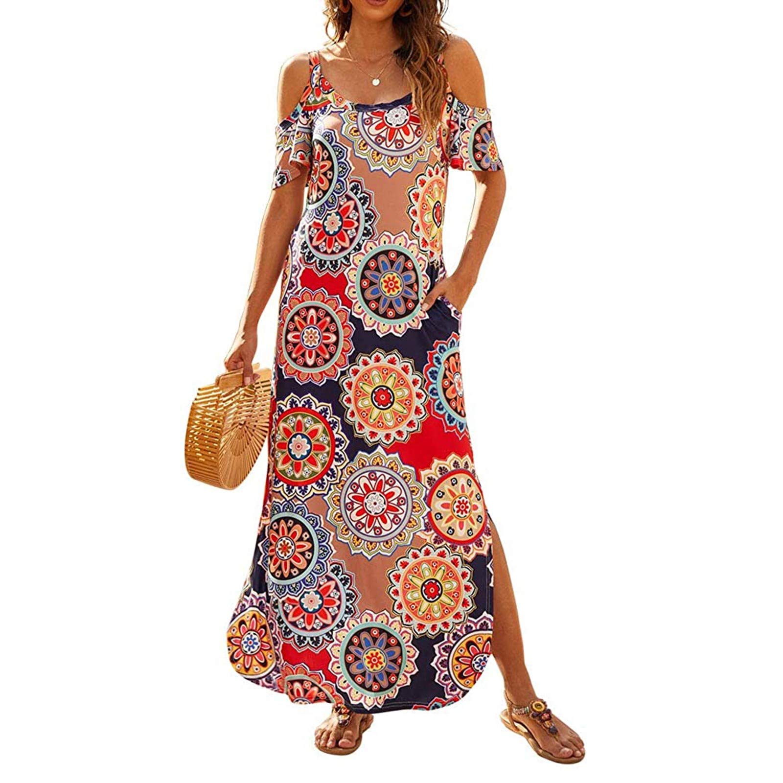 Women's Split Long Sleeve Beach Maxi Dress - Loose Flowy Summer Dress with Cold Shoulder Design in Pink | Perfect for Vacation, Pool Party & Boho Fashion