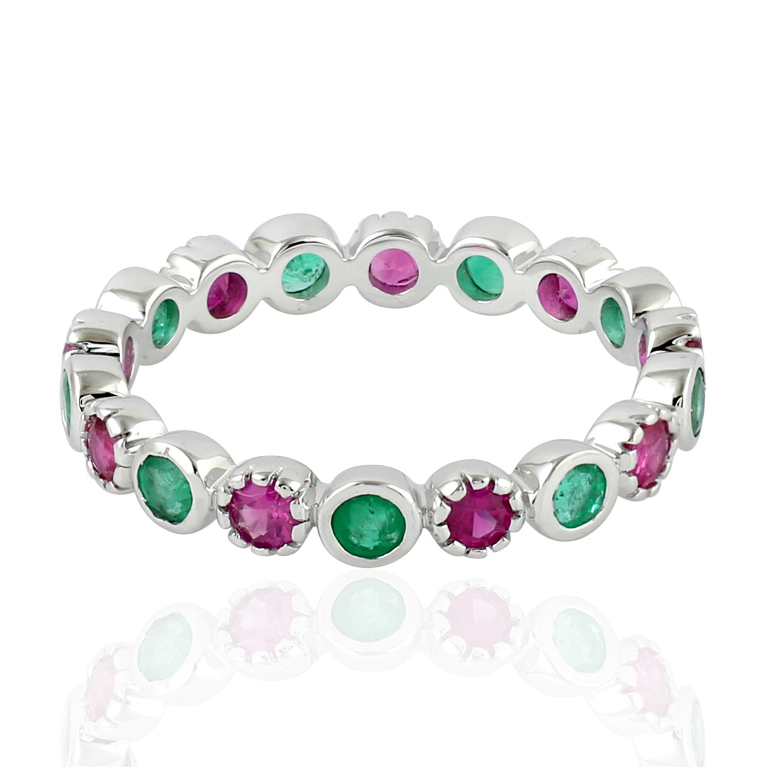 18K White Gold Emerald and Ruby Eternity Band Ring for Women - Perfect for Weddings, Anniversaries, and Special Occasions