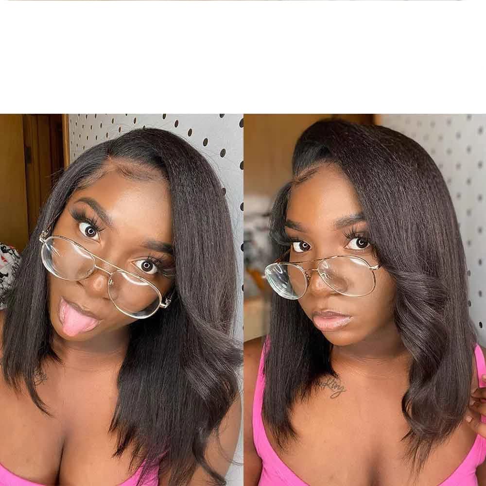 QUINLUX 13x6 Short Bob Italian Yaki Lace Front Wig - 150% Density Kinky Straight Human Hair Wig for Black Women | HD Transparent Lace | Pre-Plucked with Baby Hair | 12 Inch Peruvian Yaki Wig | Perfect for Daily Wear, Cosplay & Protective Styling