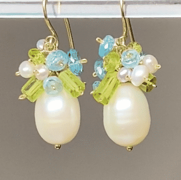 Pearl and Peridot Blue Zircon Cluster Earrings in Gold Fill - Elegant Dangle Earrings for Women, Perfect for Weddings, Parties & Special Occasions