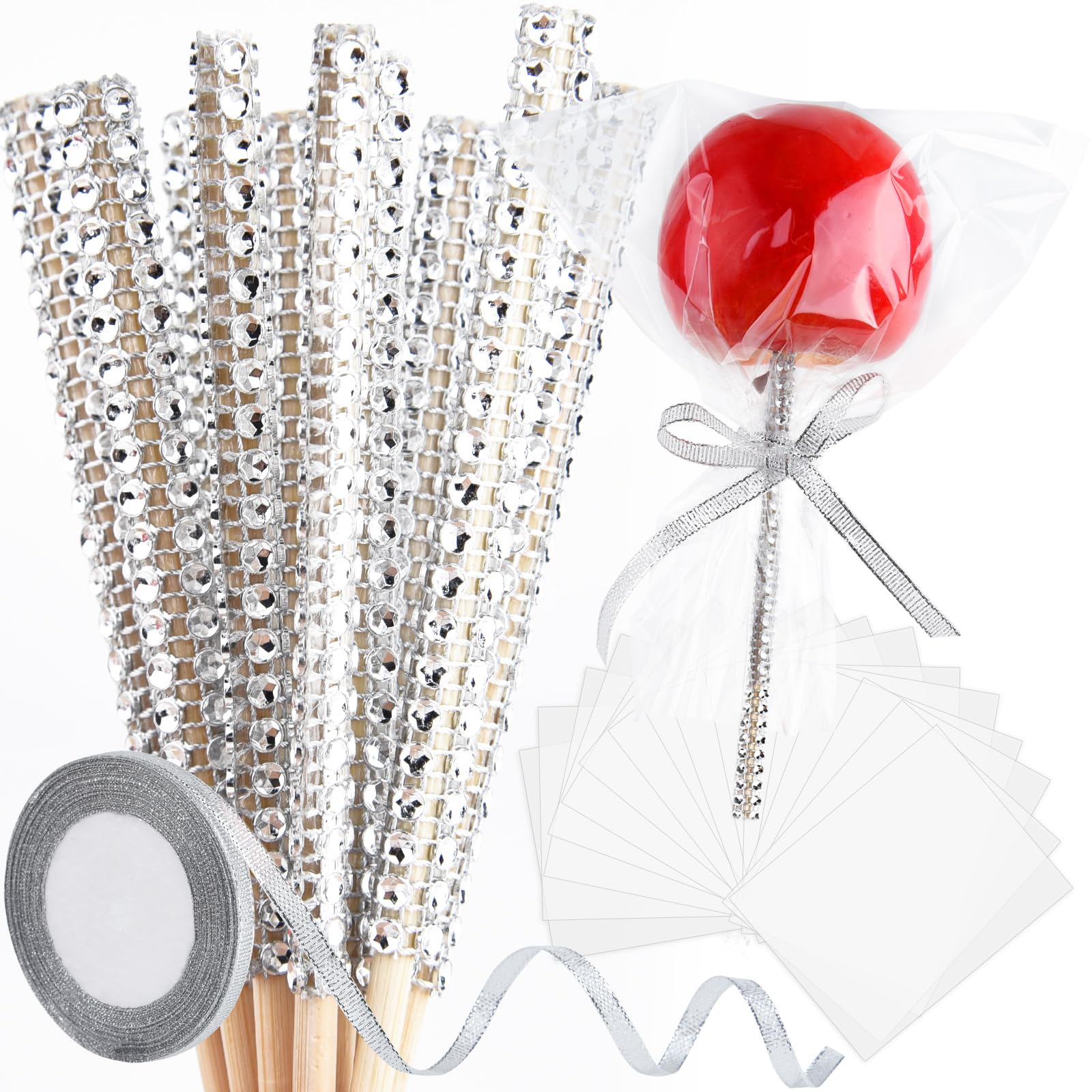 ASTARON 24 Pack Glitter Bling Candy Apple Sticks and Bags - Complete Toffee Apple Making Kit with Glitter Ribbon & Chocolate Apple Packaging - Perfect for Candy Apple Supplies, DIY Treats, Party Favors, Halloween, Christmas and Holiday Gift Giving