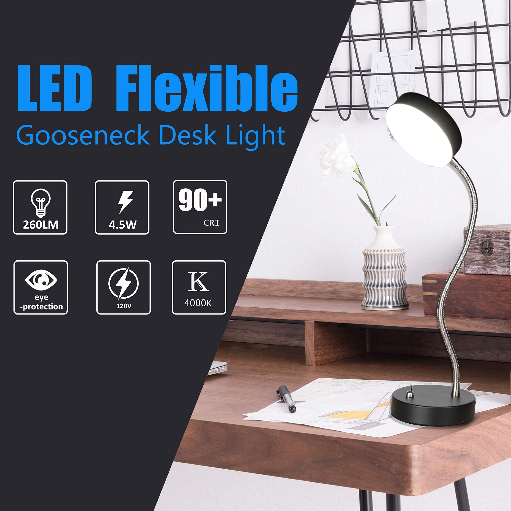 Flexible Gooseneck LED Desk Lamp - 21 LEDs 4000K Natural White Eye Protection Light for Reading, Office & Night Use - Adjustable Study Lamp for Home, Dorm & Workspace