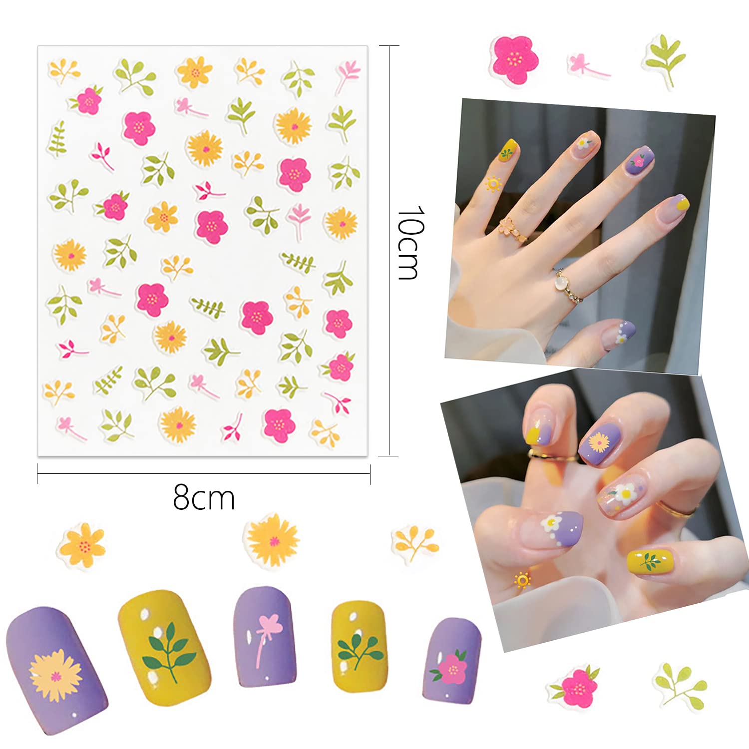 WOKOTO 12 Sheets Flower Nail Stickers for Kids - Cute Floral, Fruits & Cherry Nail Art Decals for Girls | Self-Adhesive Cartoon Nail Stickers | Perfect for Birthday Parties, Playdates & DIY Nail Art