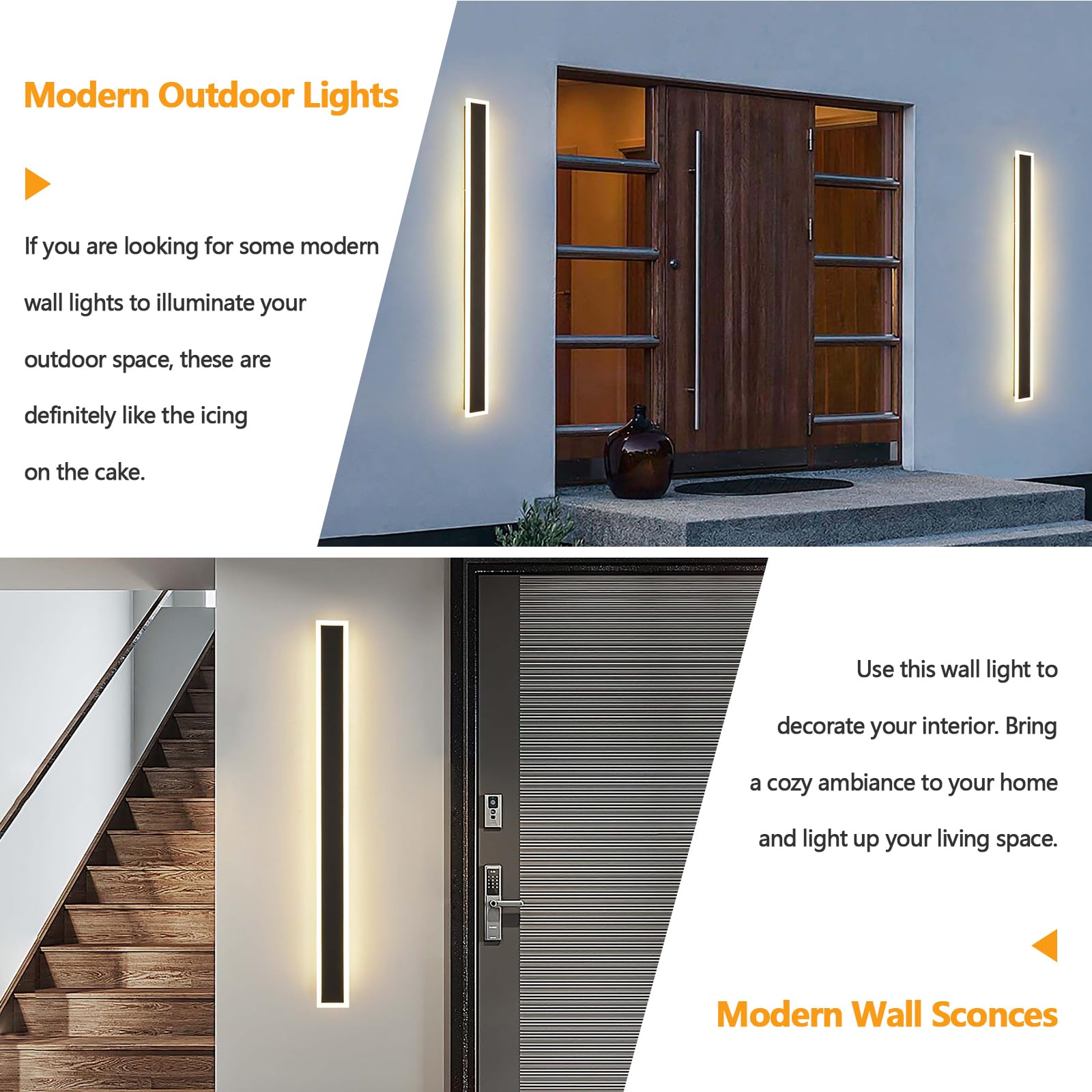 47.2in Black Modern Outdoor Wall Lights - 24W Adjustable Exterior Lighting (3000K-6000K) IP65 Waterproof for Patio, Garage, Porch & Living Room - Perfect for Home Security and Ambiance Lighting