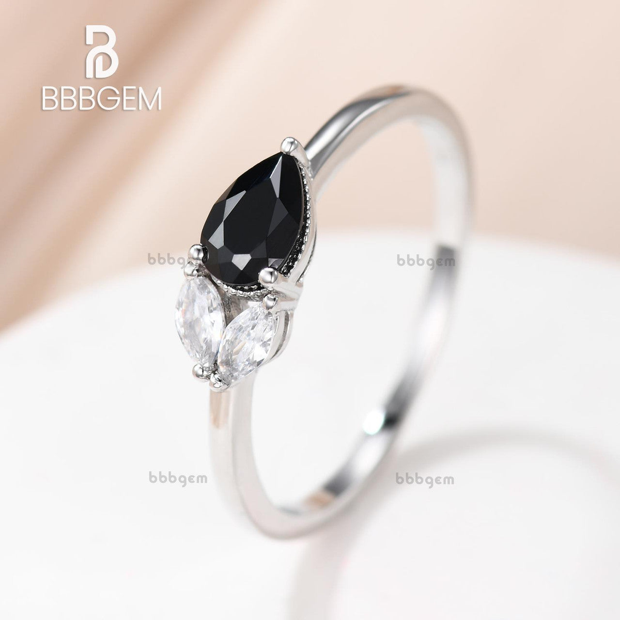 Petite Black Onyx Pear & White Moissanite Marquise Stacking Ring - Asymmetrical East-West Set for Women - Perfect for Layering, Wedding Bands, and Everyday Elegant Jewelry
