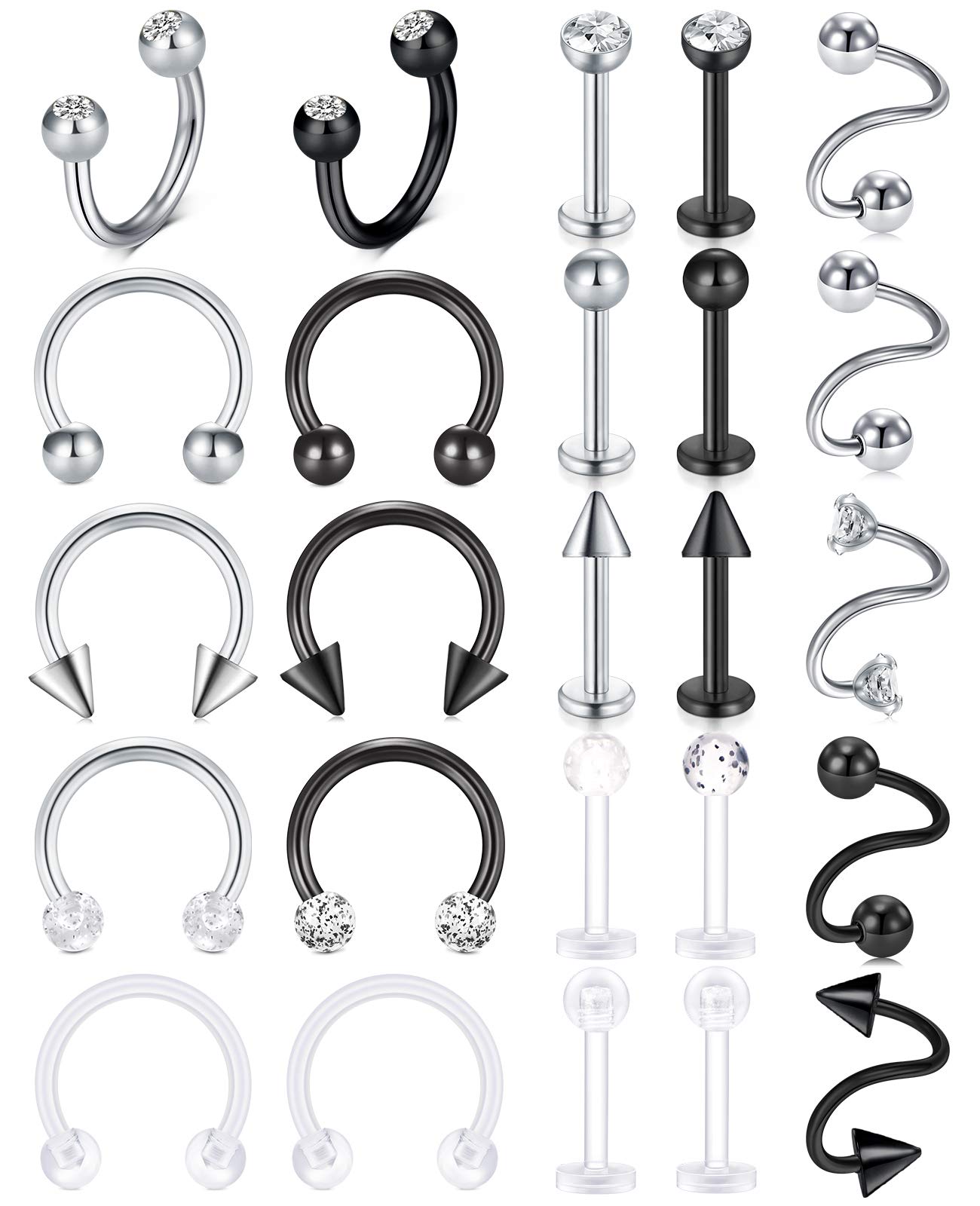 MODRSA 16G Silver Black Lip Rings - Lip Piercing Jewelry for Women, Labret, Vertical Labret, Monroe & Snake Bites | Perfect for Parties, Nightlife & Alternative Fashion