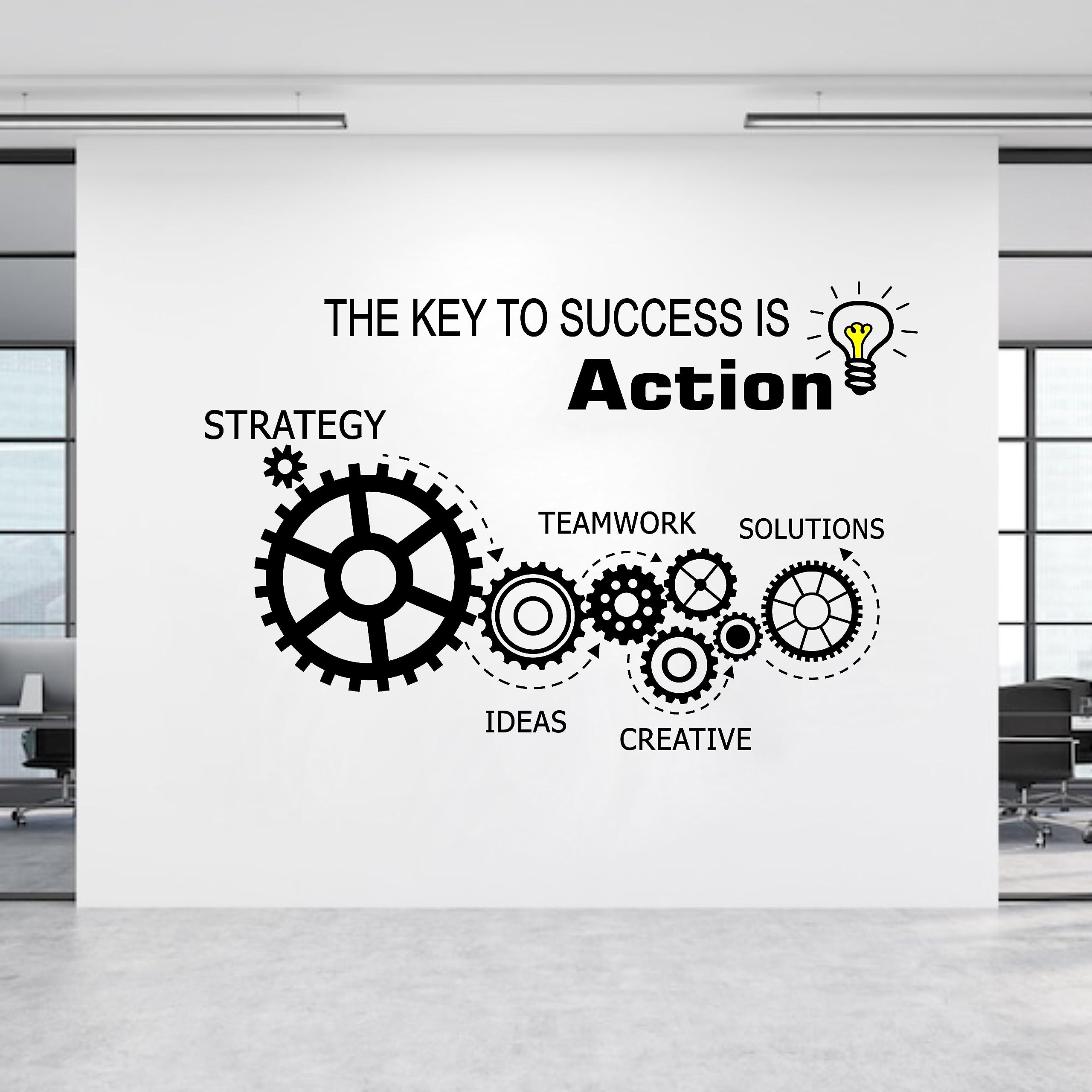 Teamwork Gears Vinyl Wall Decal - Inspirational Office Wall Art Sticker with 'The Key to Success is Action' Quote - Black Motivational Mural for Home & Office Decor - Perfect for Workspace, Study Room, and Business Interior Design