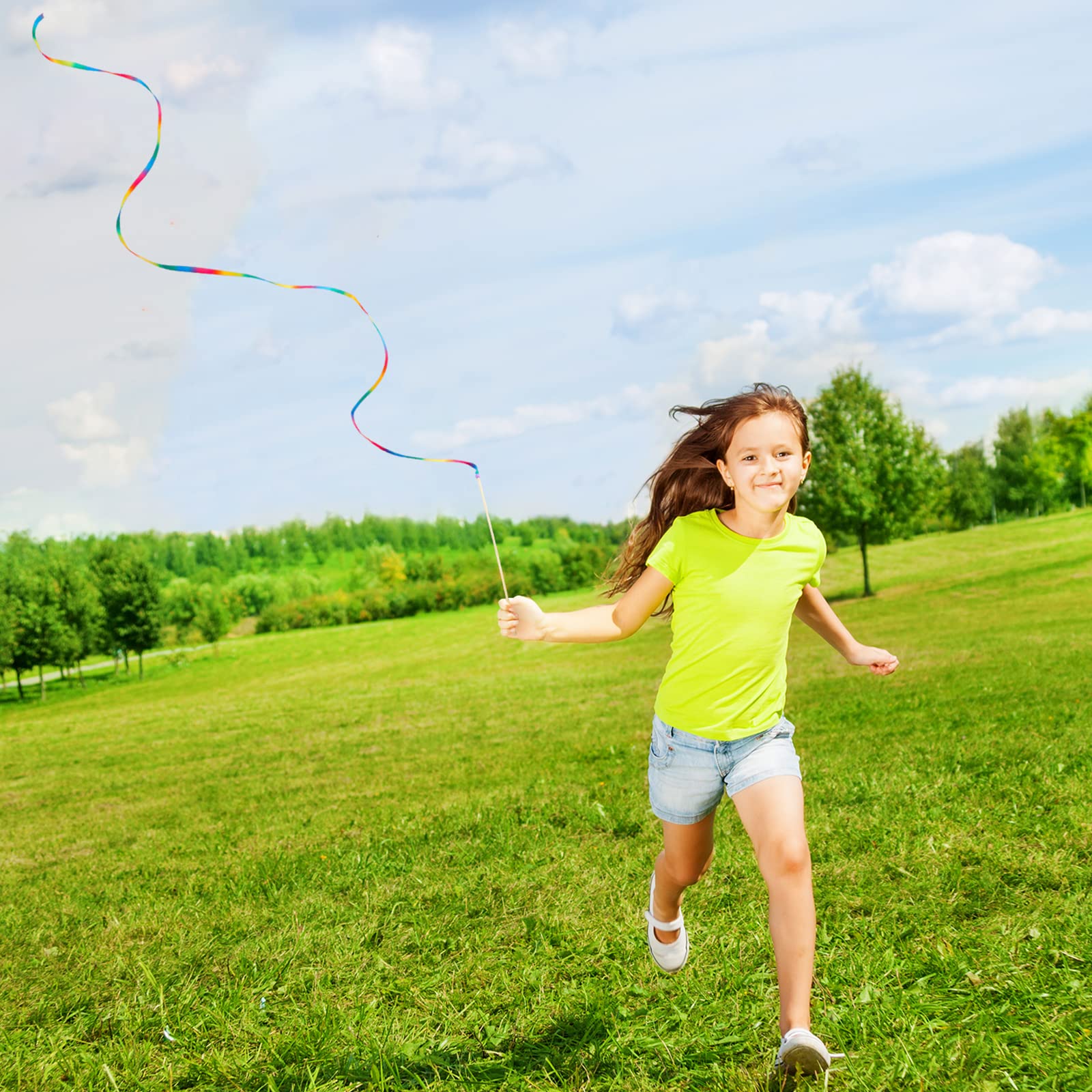 2 Pcs 8ft Rainbow Silk Streamer Ribbon Stick - Gymnastics Dance Wand for Kids, Artistic Performance, Gym Training, Circus Baton Twirling - Perfect for Dance Recitals, Birthday Parties & Outdoor Play