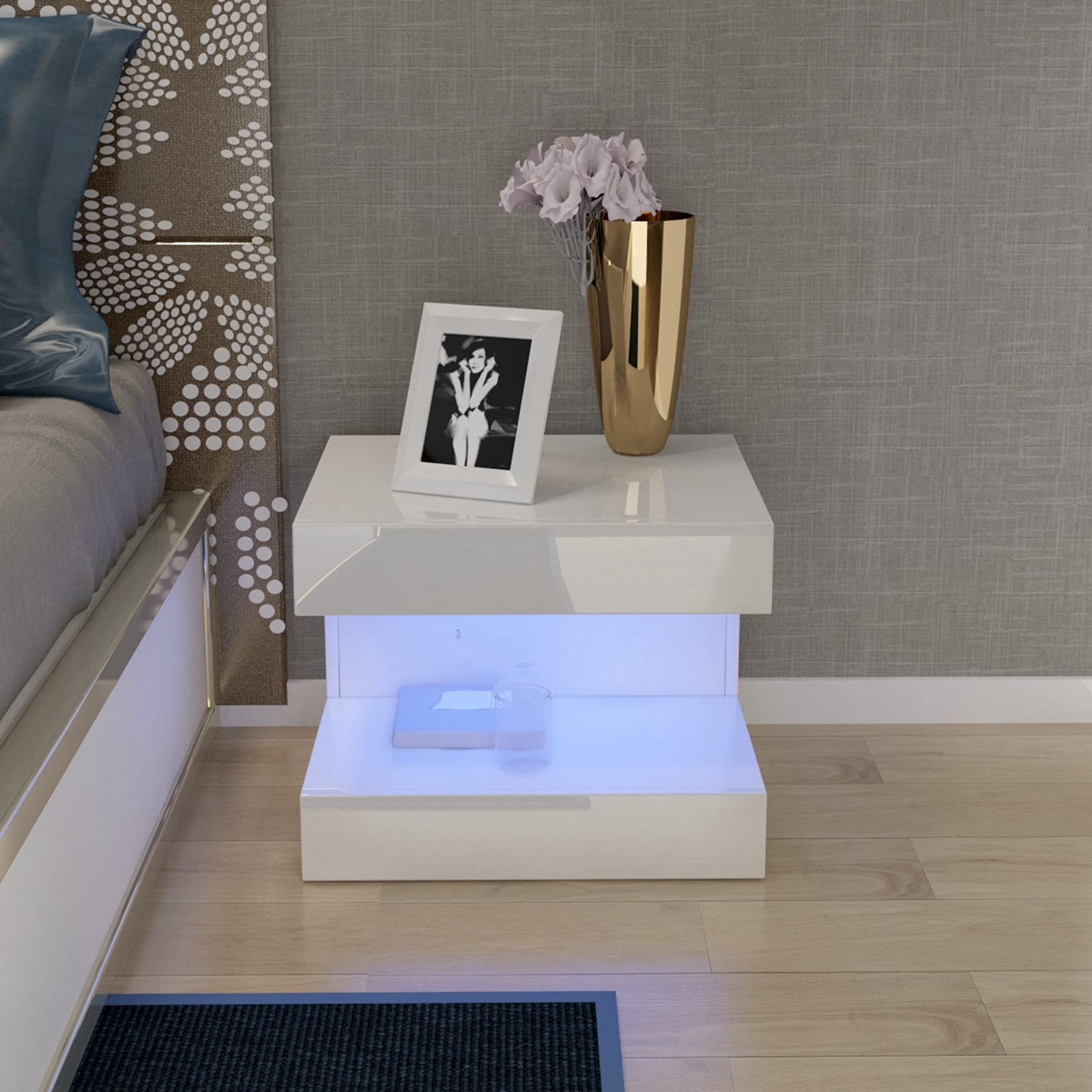 Modern High Gloss Nightstand with RGB LED Light & Remote Control - U Shape Wooden Bedside Cabinet with Adjustable Lighting for Bedroom - Stylish End Table/Side Table for Living Room & Bedroom - Perfect for Reading, Gaming & Ambient Lighting