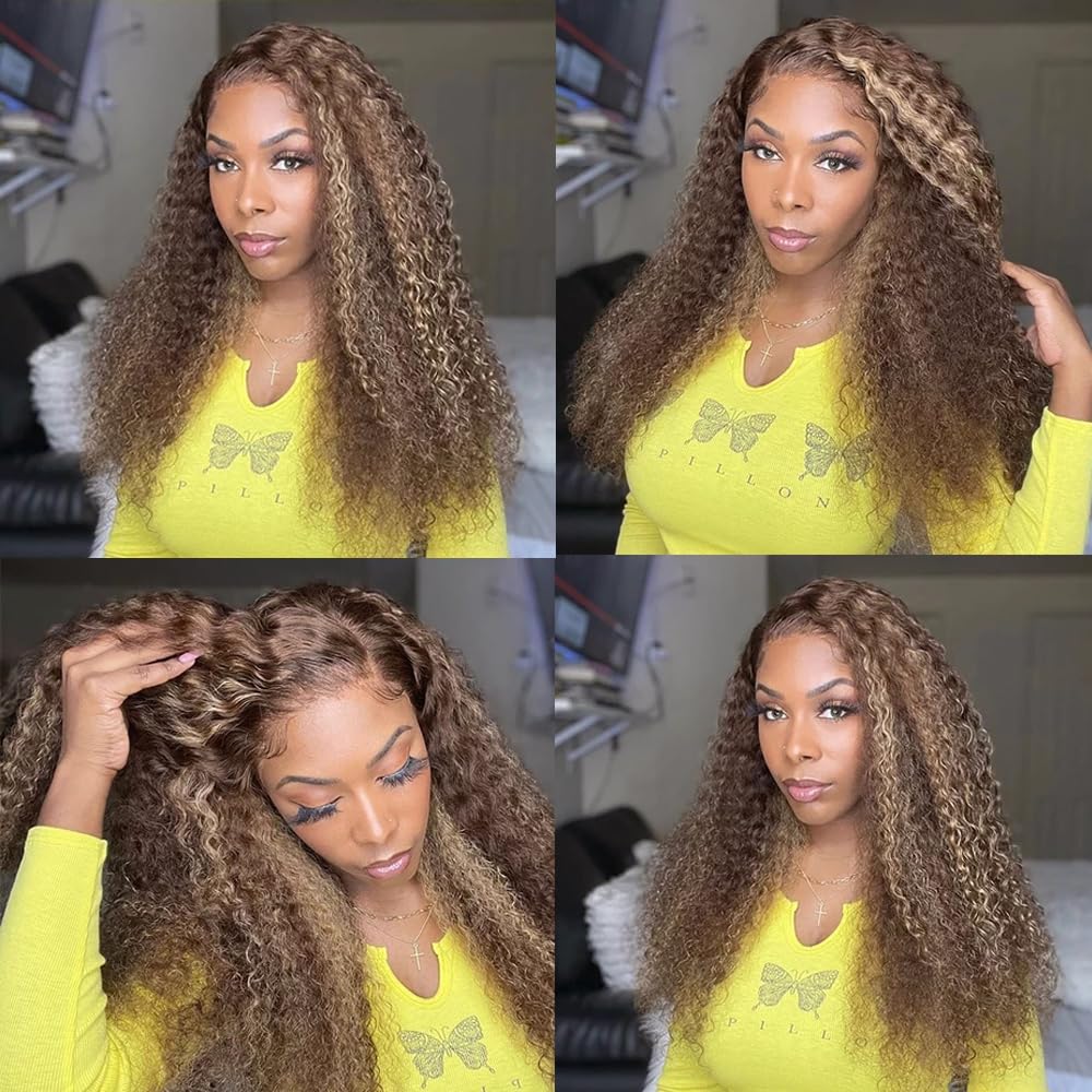 Smavida Ombre 13x4 HD Lace Front Wigs Human Hair - Pre Plucked 4/27 Honey Blonde Highlight Water Wave Lace Frontal Wig for Women - 180% Density Deep Curly Glueless Human Hair Wig for Daily Wear & Special Occasions
