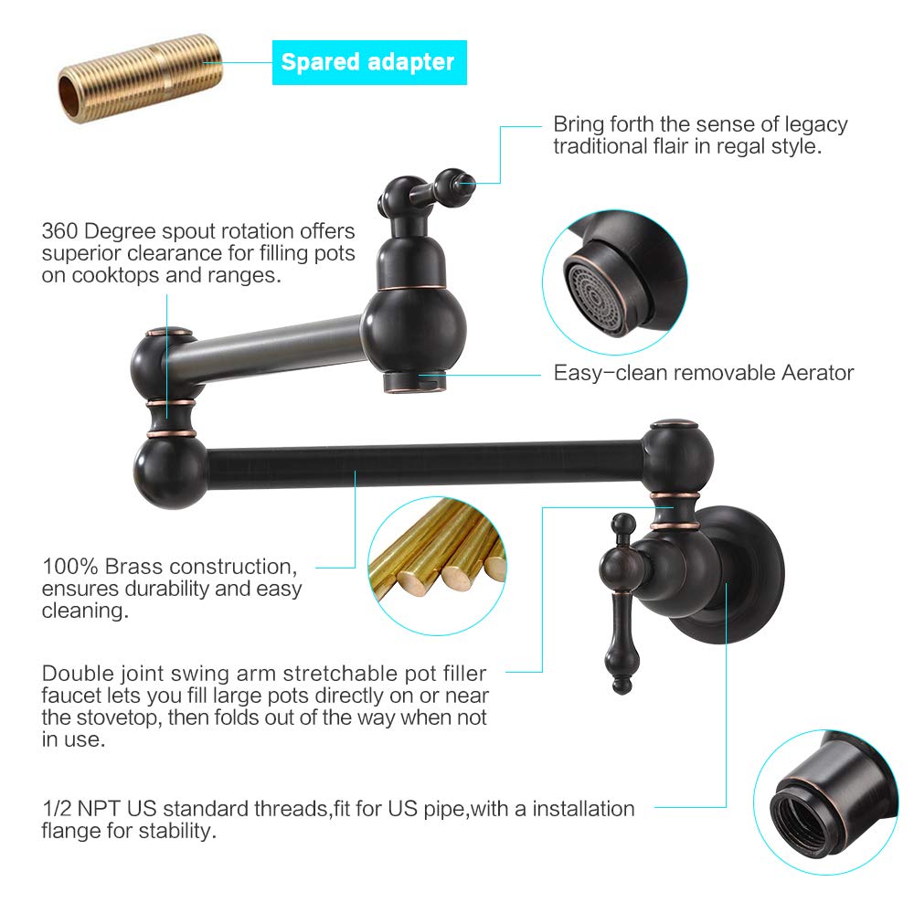 Oil Rubbed Bronze Commercial Pot Filler Faucet - Stainless Steel Wall Mount Kitchen Faucet with Folding Stretchable Double Joint & 2 Handles - Perfect for Restaurant, Home Kitchen & High-Traffic Sink Areas