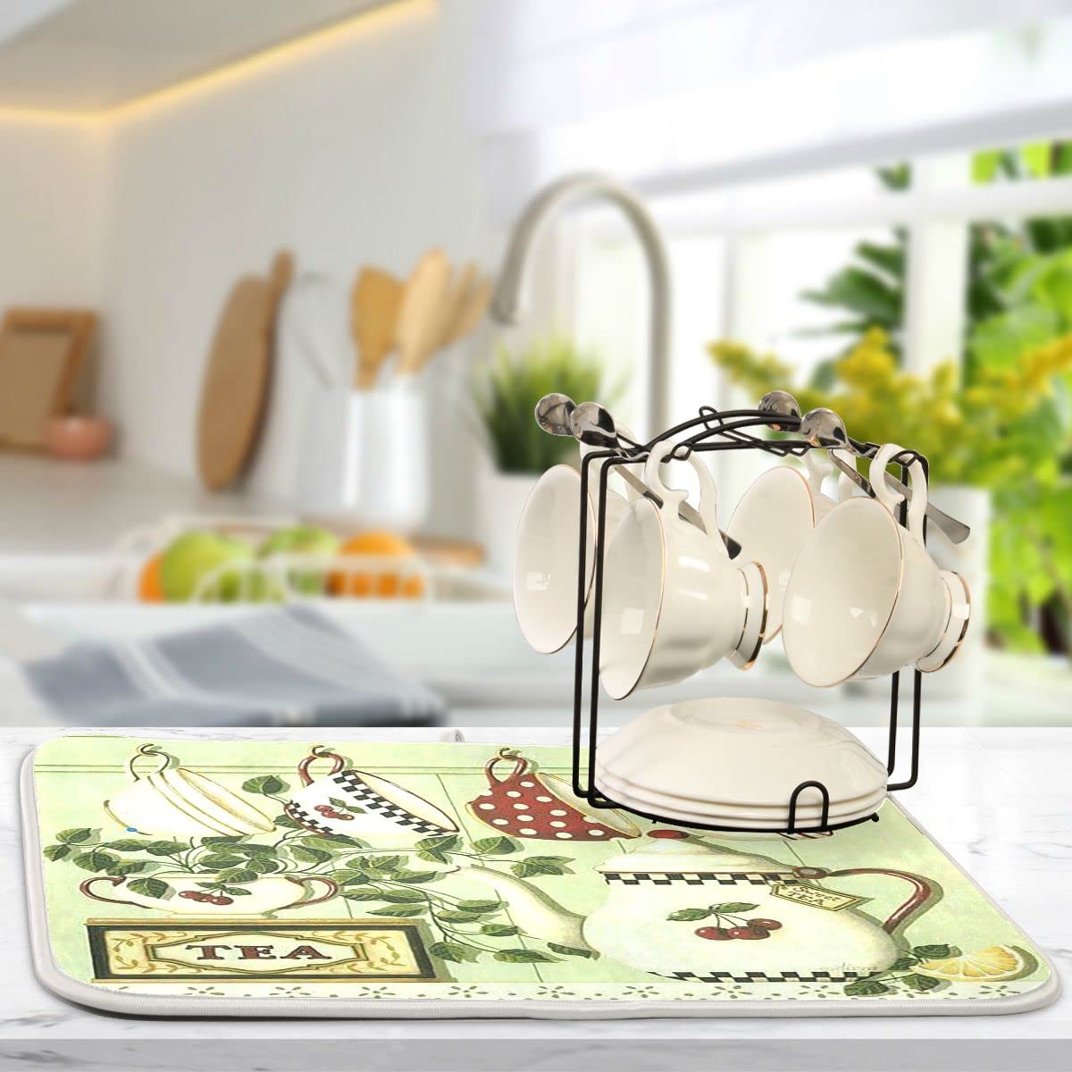 Lemon Cherry Leaf Microfiber Dish Drying Mat - 16x18 Inch Absorbent Reversible Kitchen Tea Cup Pot Drain Pad | Perfect for Countertop Protection & Dish Rack Organization