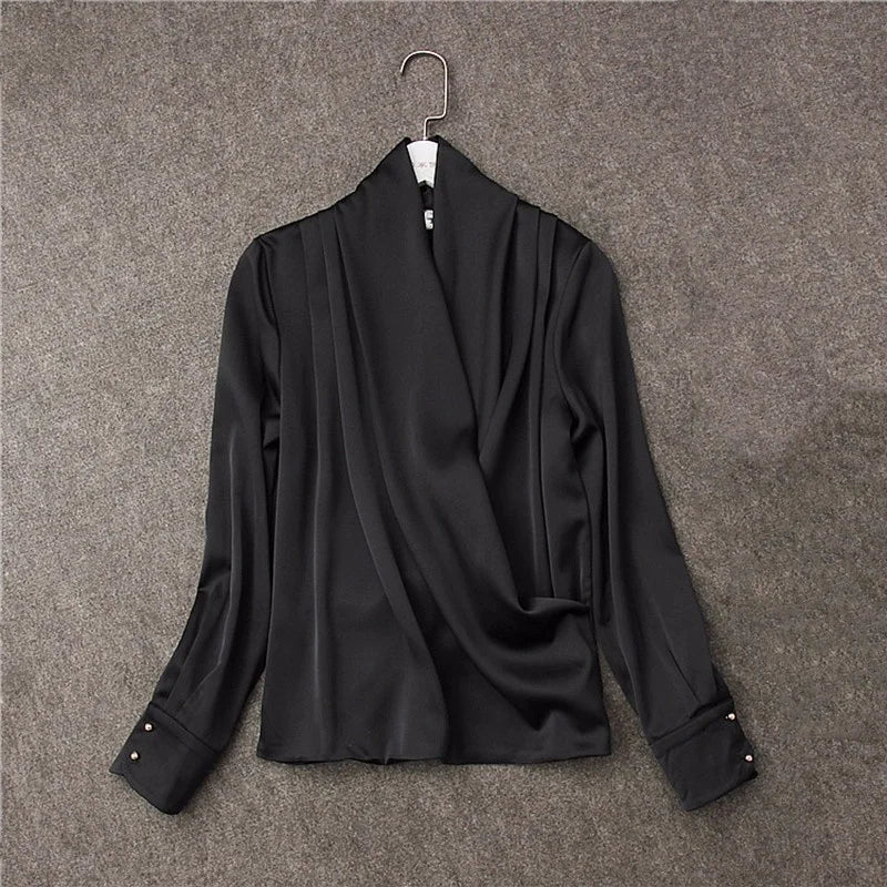 Black Ruched Spring Shirt for Women - V-Neck Long Sleeve Casual Blouse | Solid Color Fashion Top | Perfect for Office Wear, Date Night & Spring Outfits