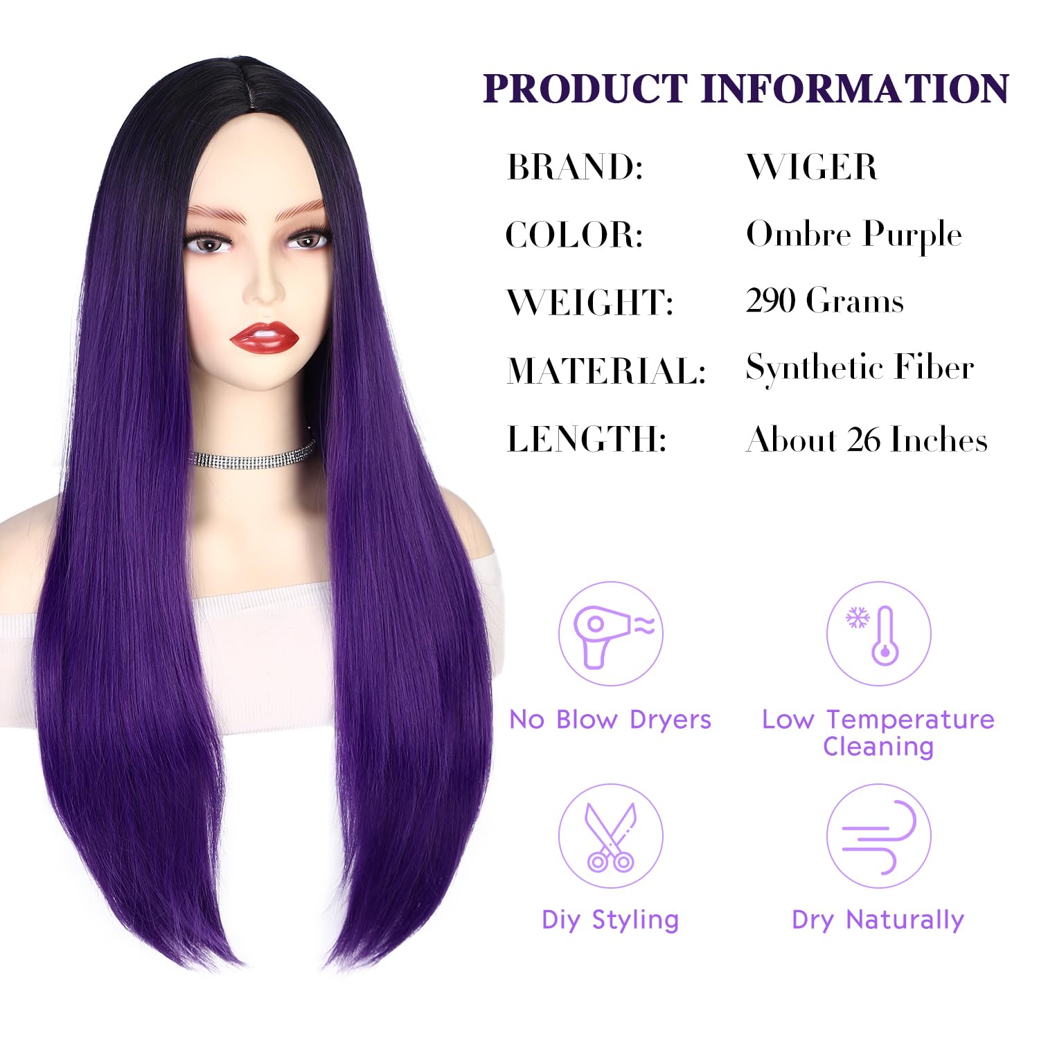 WIGER 26 Inch Straight Purple Wig for Women - Long Dark Purple Ombre Black to Purple Synthetic Hair Wig with Middle Part, Heat Resistant for Cosplay, Halloween, Parties & Daily Fashion