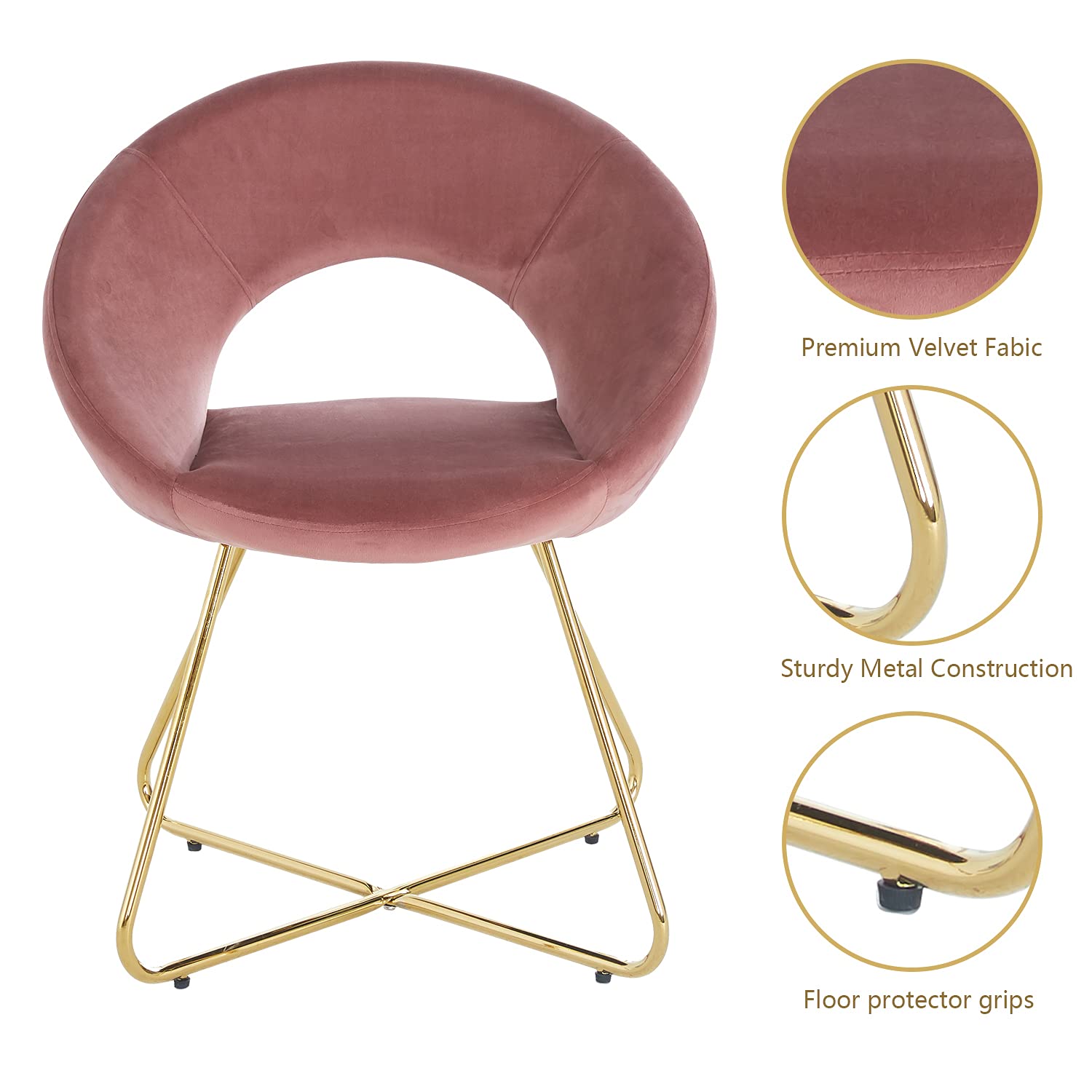 Modern Velvet Accent Chairs Set of 2 - Mid Century Upholstered Armchairs with Golden Legs for Living Room, Dining Room & Lounge (Pink) | Comfortable Leisure Seating for Home Decor & Entertaining