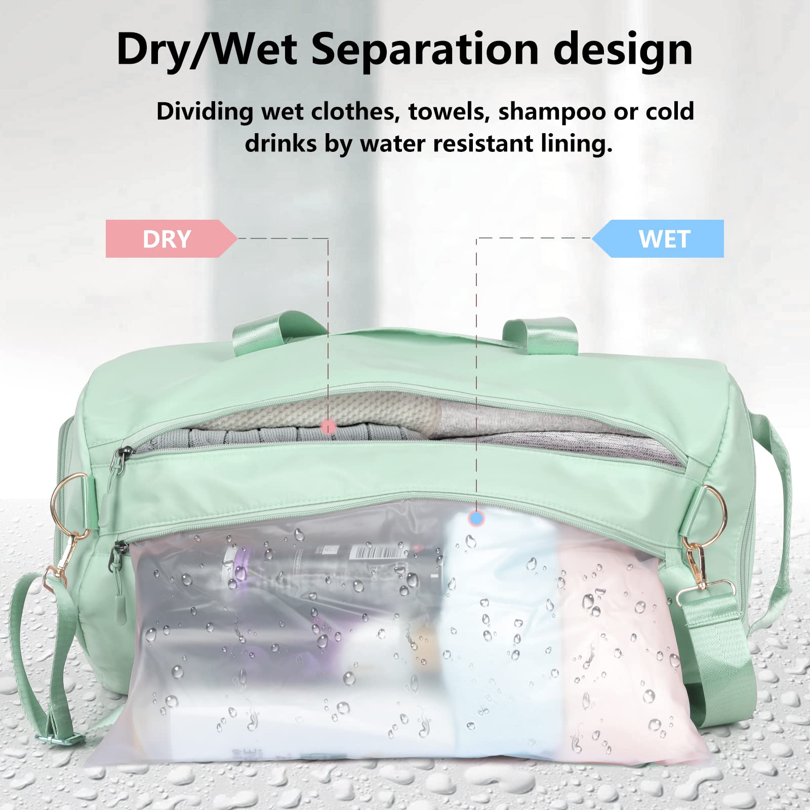 Waterproof Gym Duffle Bag for Women - Lightweight Travel Duffel Carry On Shoulder Bag with Shoe Compartment | Perfect for Sports, Overnight Trips, School & Camping | Medium Green Weekender Bag