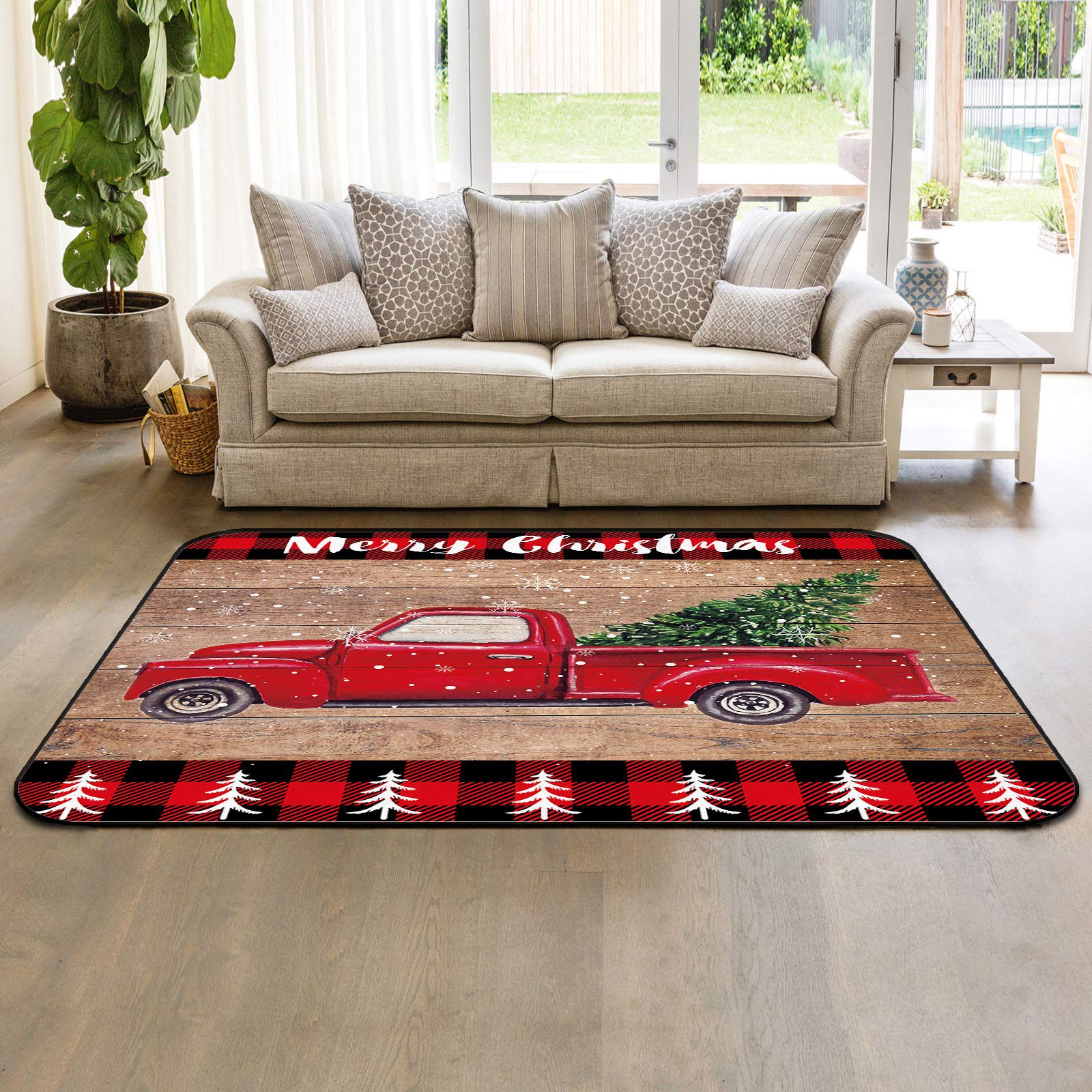 Vintage Truck Design 3' x 5' Large Area Rug - Retro Wood Board Pattern Modern Throw Carpet for Nursery, Kids Room, Living Room & Bedroom - Soft Indoor/Outdoor Floor Mat for Home Decor, Playroom & Patio Use