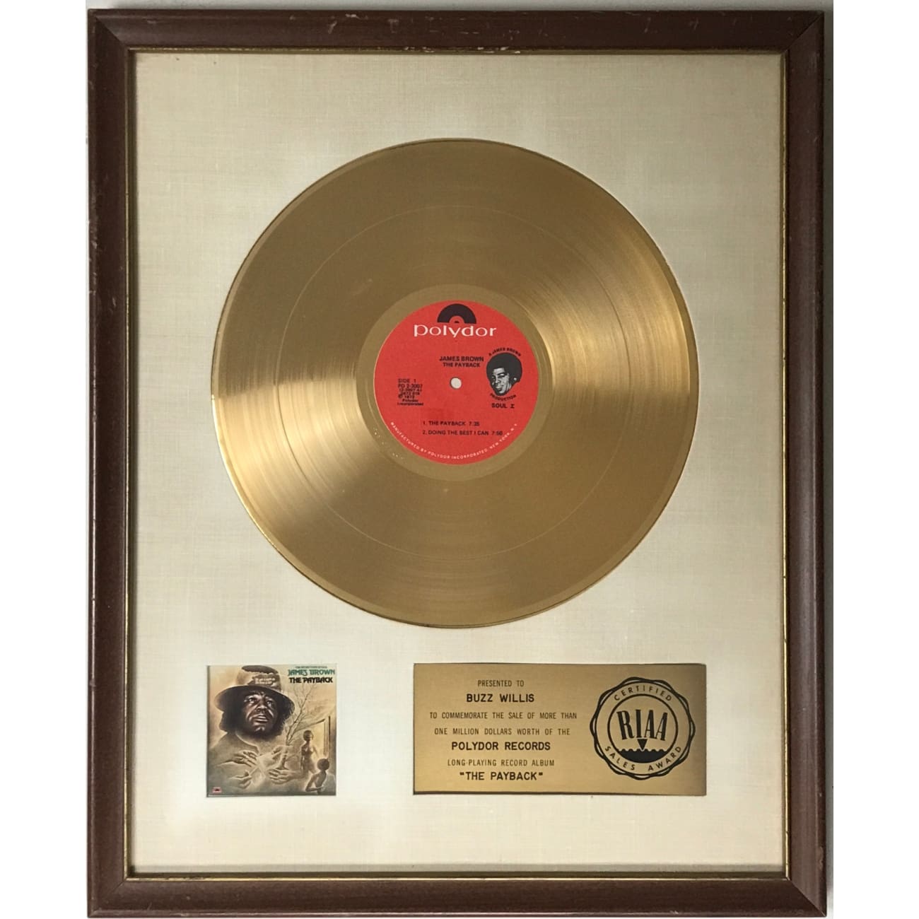 James Brown The Payback White Matte RIAA Gold LP Award - Rare Vinyl Record Collector's Edition for Music Enthusiasts & Home Decor Display