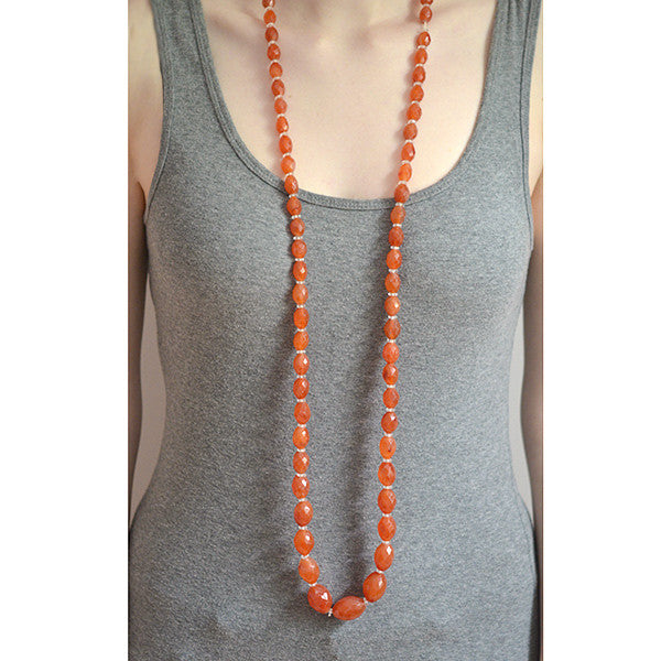 Art Deco Faceted Carnelian & Rock Quartz Crystal Necklace - 46cm Statement Jewelry for Women, Elegant Vintage Style Necklace for Parties, Weddings & Special Occasions