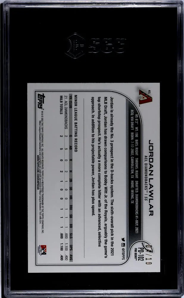 2022 Topps Pro Debut Jordan Lawlar Rookie Card SGC 9.5 Gem Mint Red Parallel 04/10 #PD 102 - Perfect for Baseball Card Collectors and Sports Memorabilia Enthusiasts