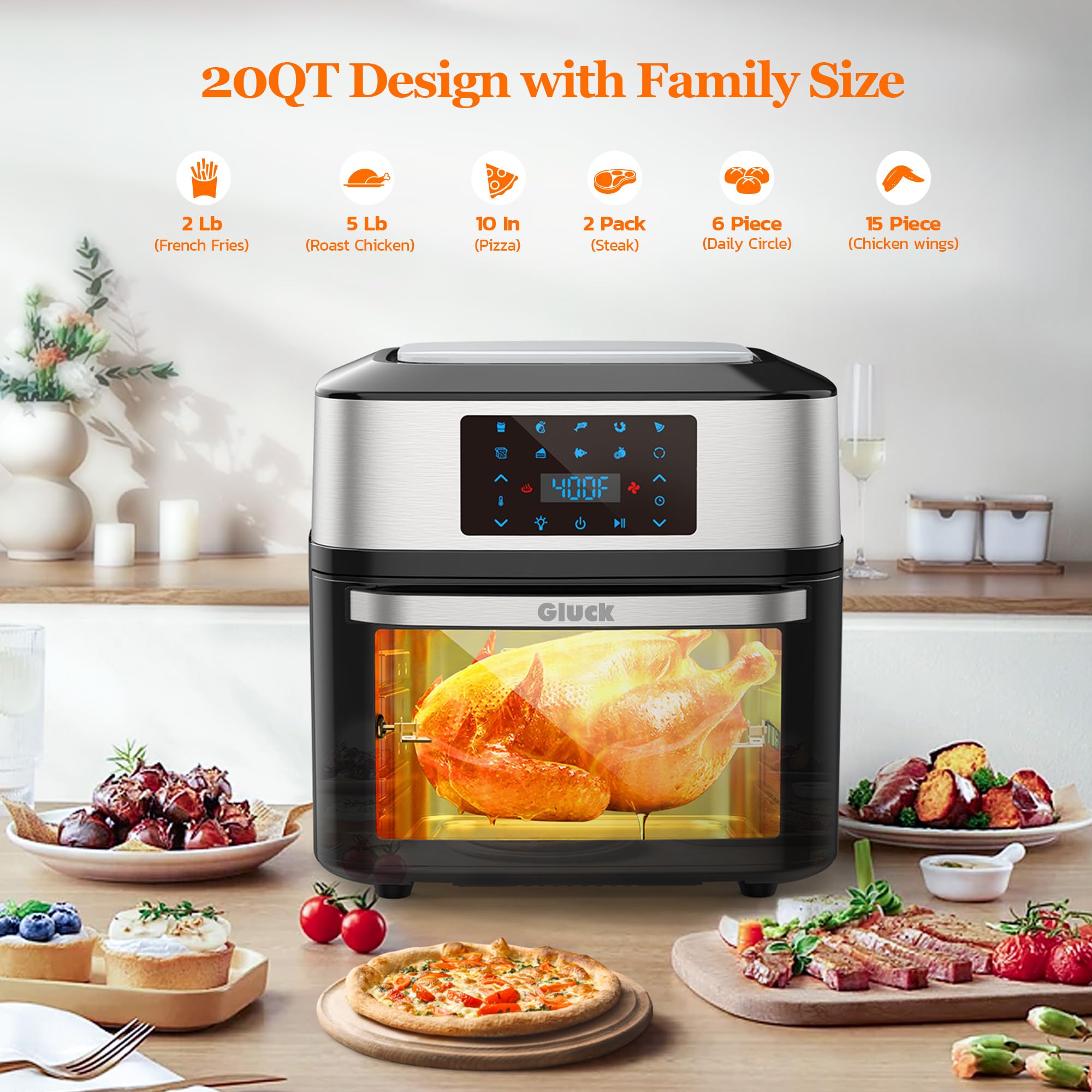 20 QT Large Air Fryer Oven with Viewing Window - 10-in-1 Air Fryer Toaster Combo with Rotisserie Racks & Cookbook - ETL Certified for Family Cooking, Meal Prep & Healthy Eating