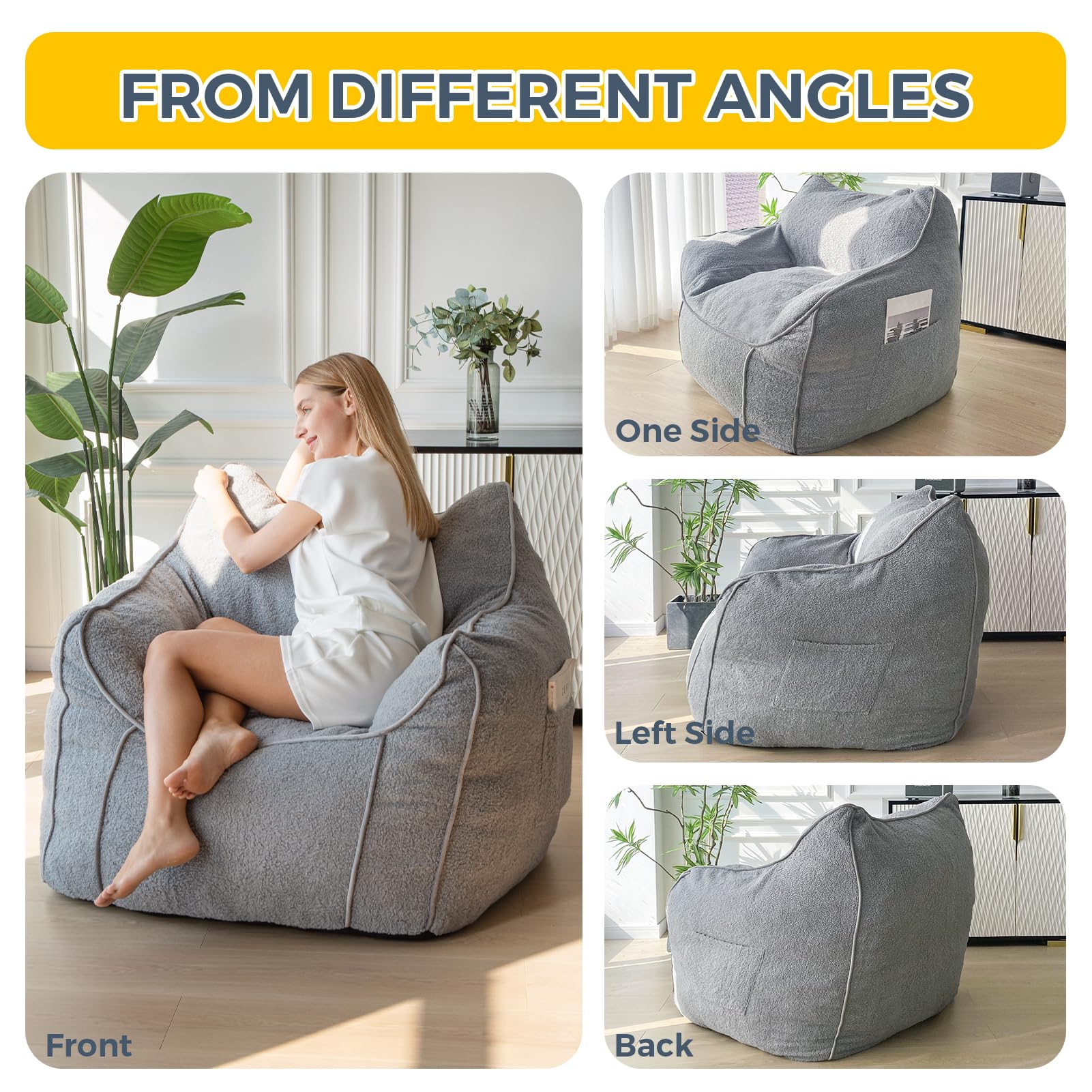 MAXYOYO Giant Bean Bag Chair for Adults - Large Fluffy Bean Bag Couch with Decorative Edges, Grey - Perfect for Living Room, Bedroom, Game Room & Dorm Relaxation