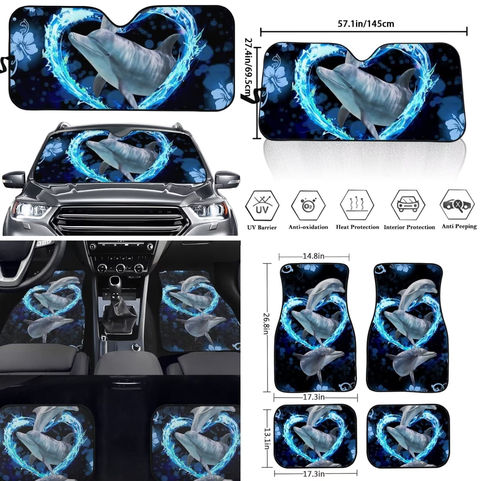 13-Piece Dolphin Print Car Seat Covers Full Set - Blue Split Bench Protector, Windshield Sunshade, Steering Wheel Cover, Floor Mats & Console Pad - Perfect for SUVs, Trucks & Family Vehicles (Car Accessories Gift)