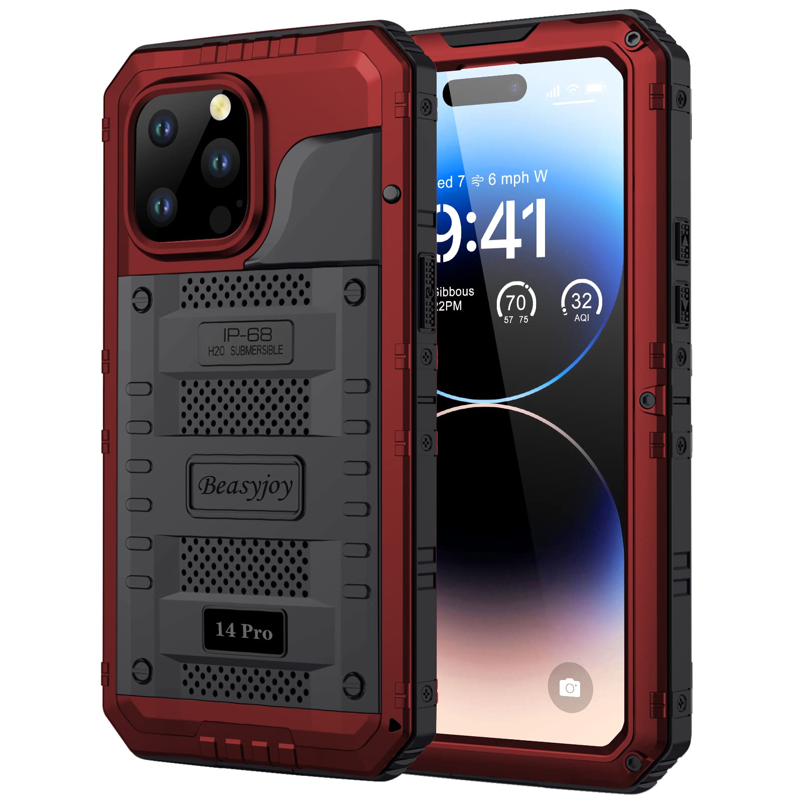 **Beasyjoy Heavy Duty Waterproof iPhone 14 Pro Case 6.1 Inch – Military Grade Shockproof, Full Body Protection with Built-in Screen Protector – Rugged Defender Case (Red) – Perfect for Outdoor, Work & Extreme Sports**