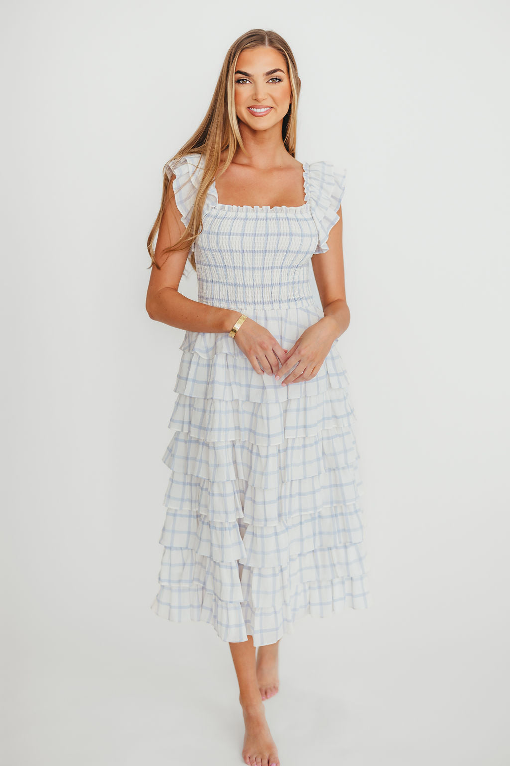 Adelynn Women's Elegant Ruffle Midi Dress - White & Blue Floral Summer Dress for Casual Wear, Date Night & Special Occasions