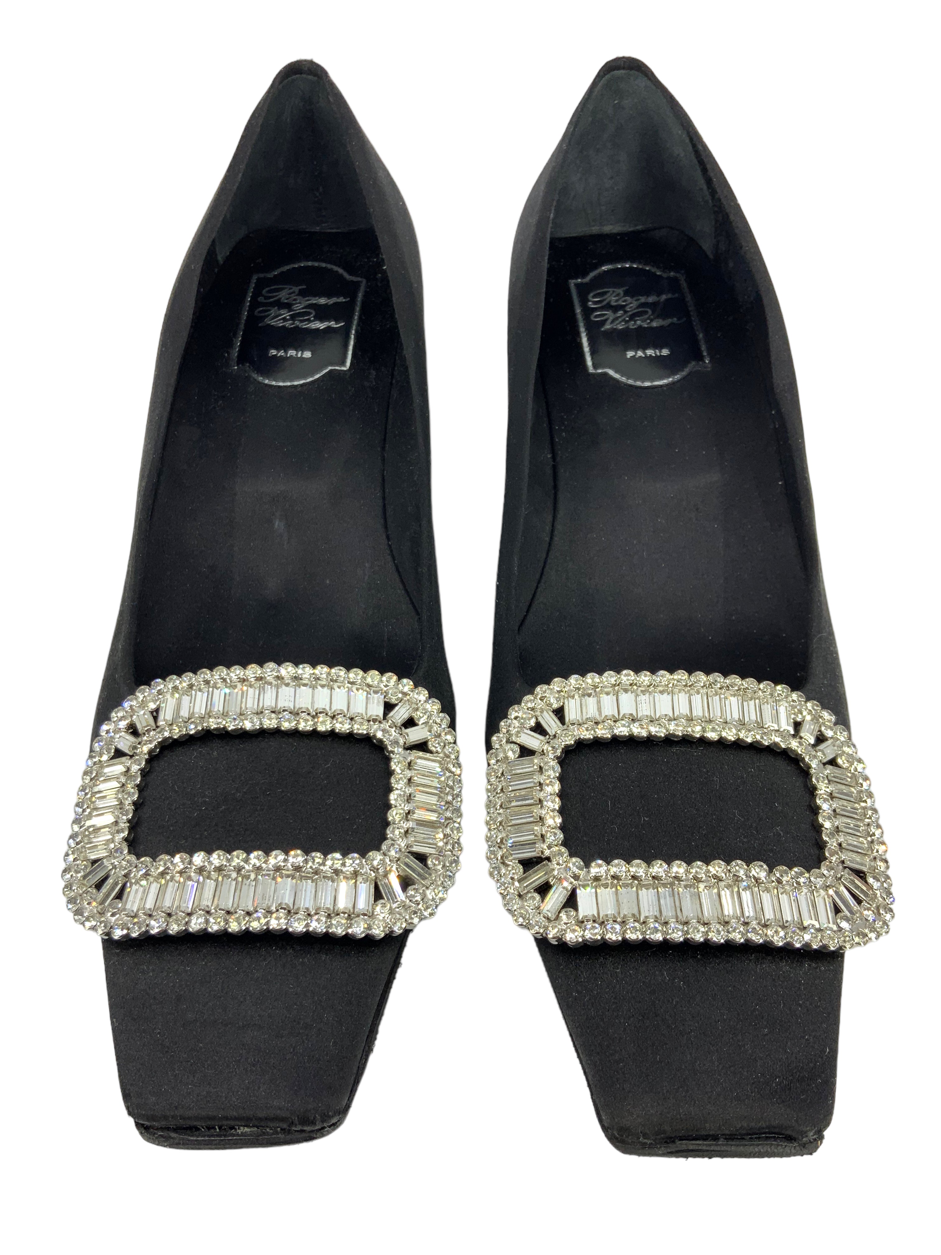 ROGER VIVIER Belle Vivier Crystal Embellished Buckle Satin Pumps - Women's Luxury Dress Shoes Size 10 for Weddings, Parties & Formal Events