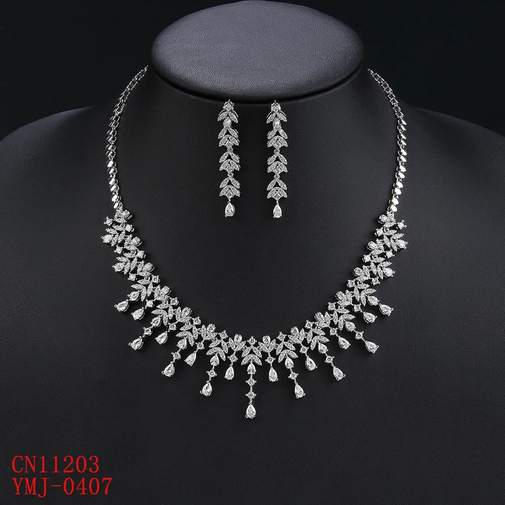 Elegant Leaf and Water Drops Necklace Earrings Set for Women - Luxury Bridal Jewelry Set with White Zirconia - Perfect for Weddings, Dubai Parties & Special Occasions - CN11203